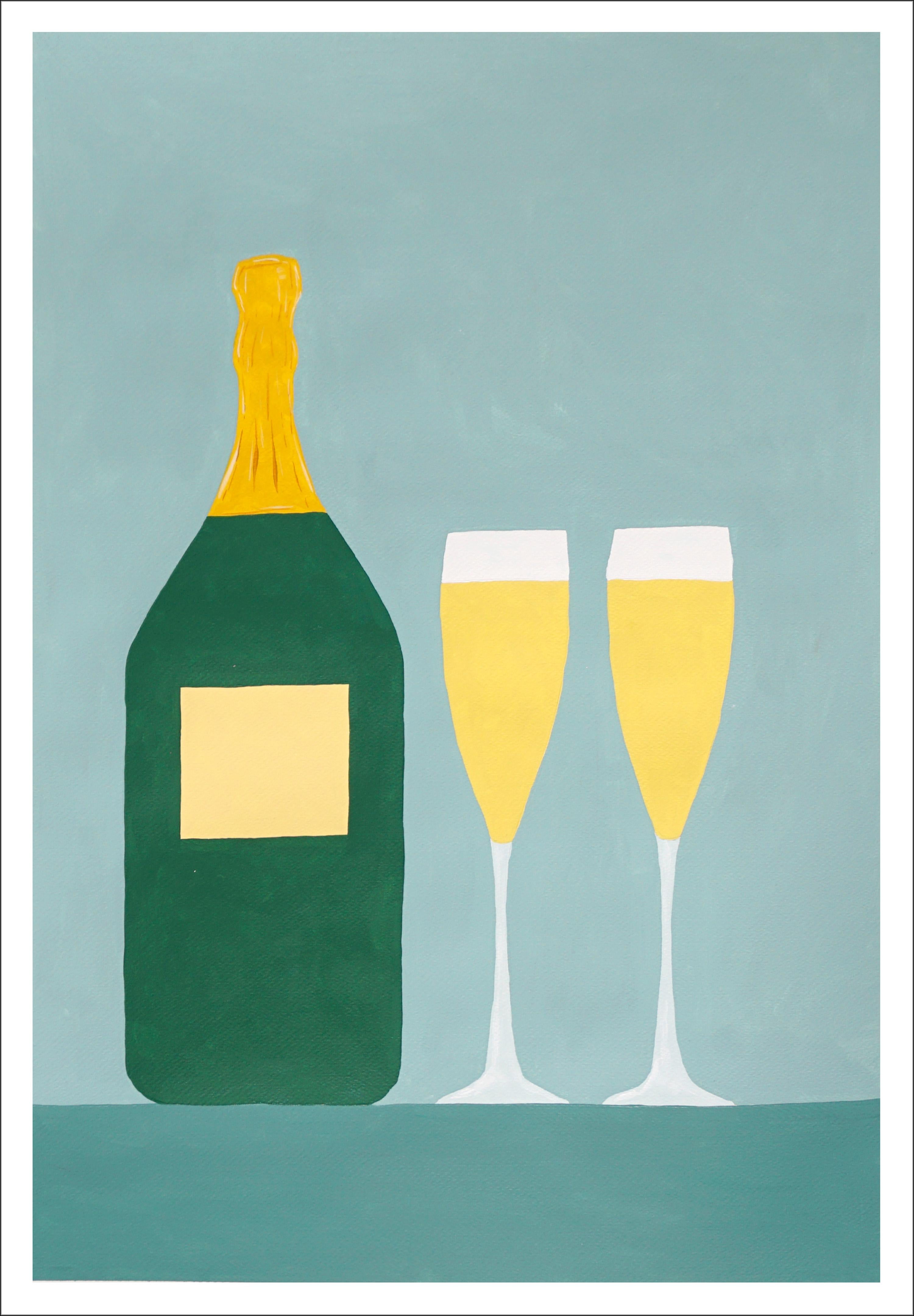 Champagner für zwei, modernes Stillleben in goldenen Tönen, naiver Realismus, blassgrün  