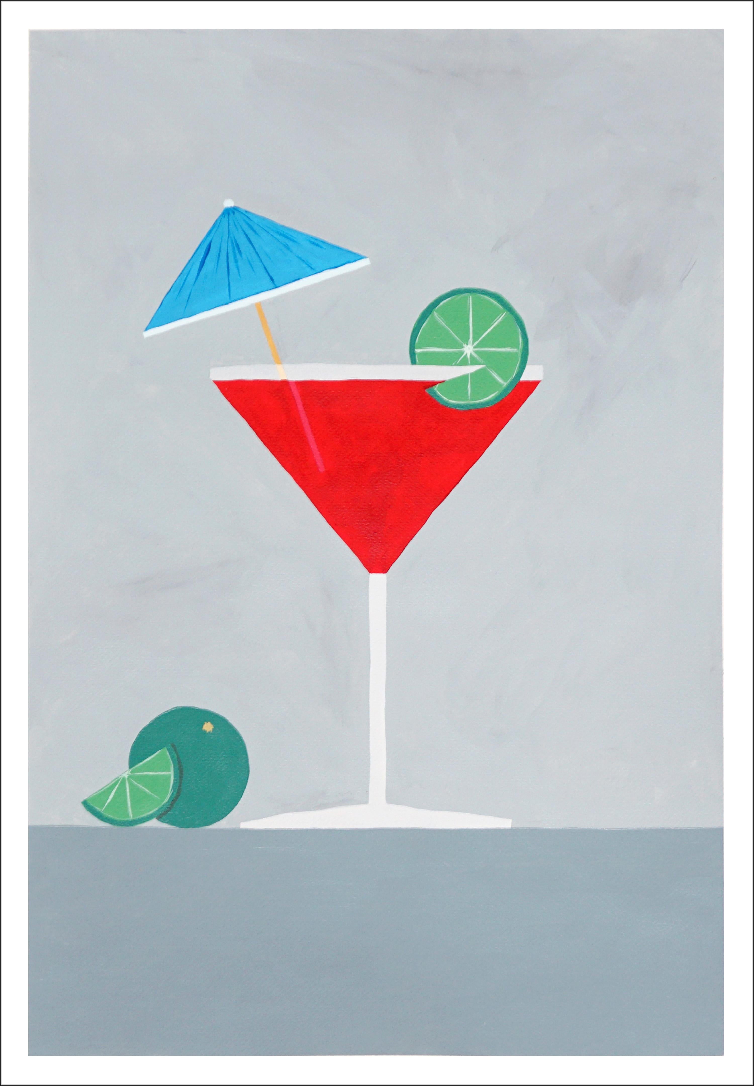 Gio Bellagio Still-Life Painting - Cosmopolitan Cocktail, Realist Modern Still Life, Bar Scene, Lime Beverage, Red