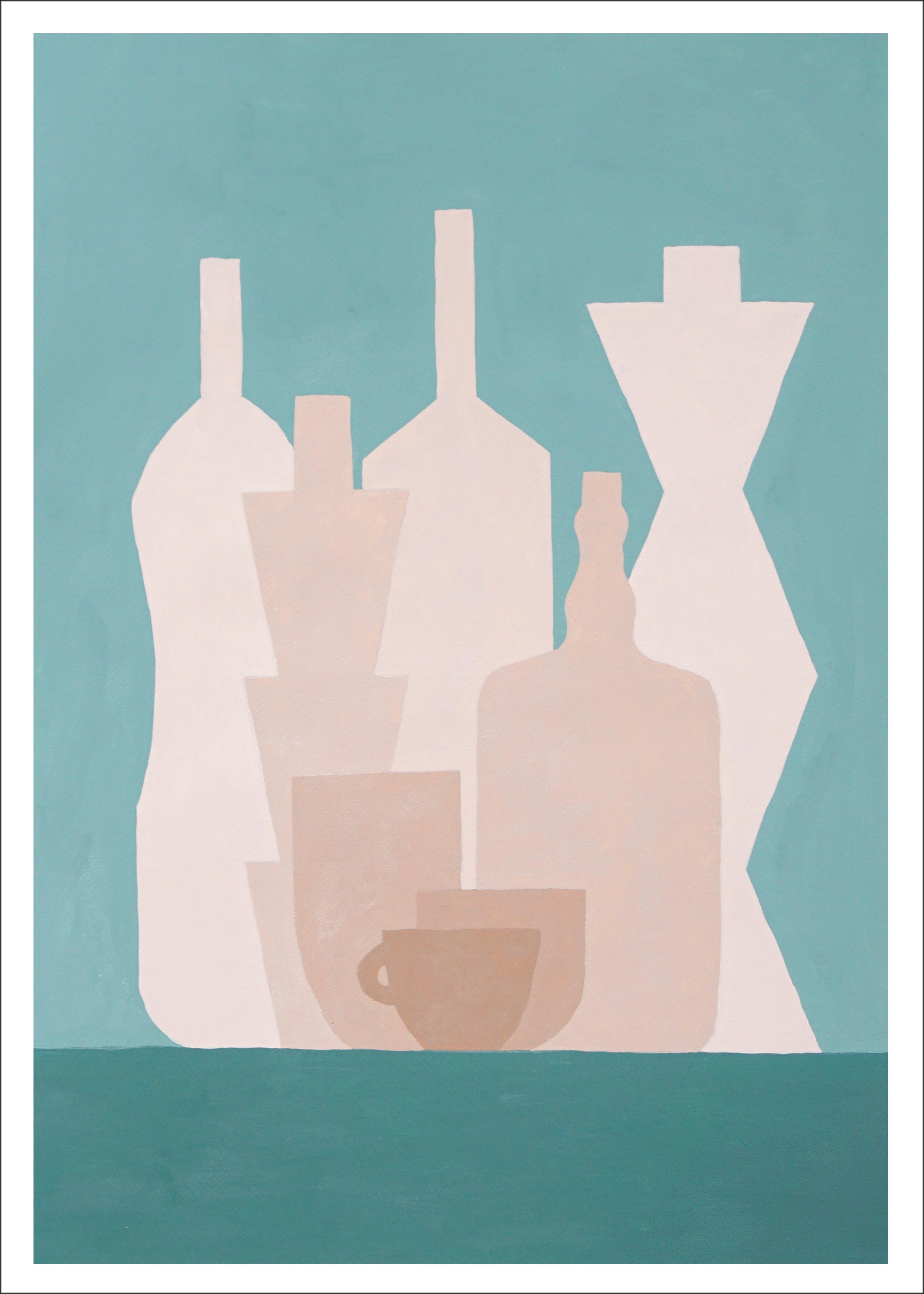 Gio Bellagio Still-Life Painting - Cream Bottles Collection, Kitchenware Silhouettes Display in Tan Tones on Green