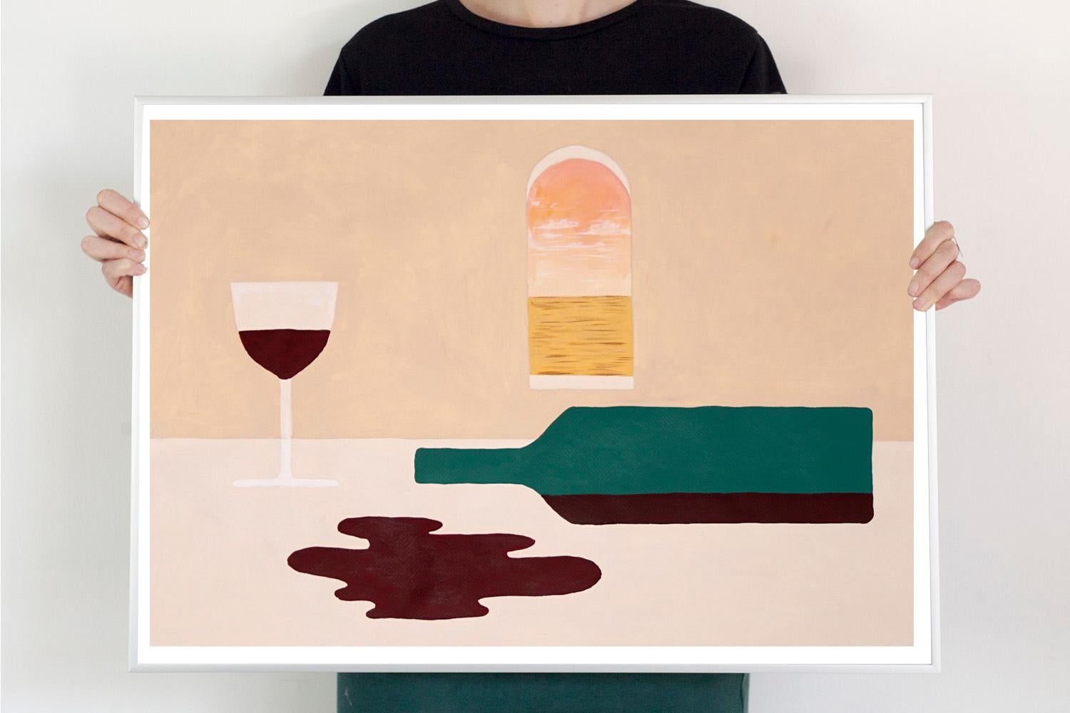 Empty-Flasche mit Wein, horizontales modernes Stillleben in Erdtönen, Ansichten aus der Toskana – Painting von Gio Bellagio