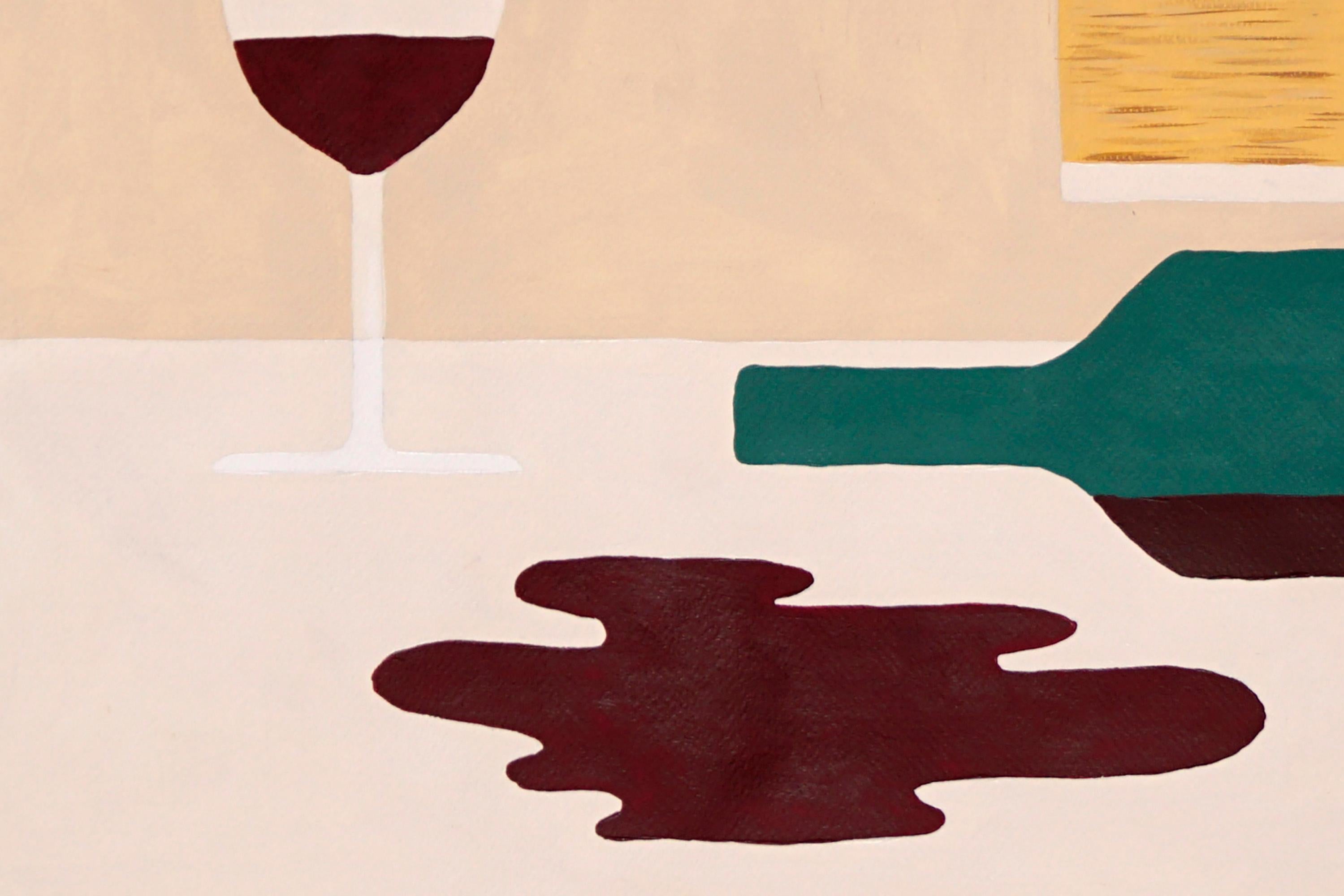 Empty-Flasche mit Wein, horizontales modernes Stillleben in Erdtönen, Ansichten aus der Toskana (Beige), Still-Life Painting, von Gio Bellagio