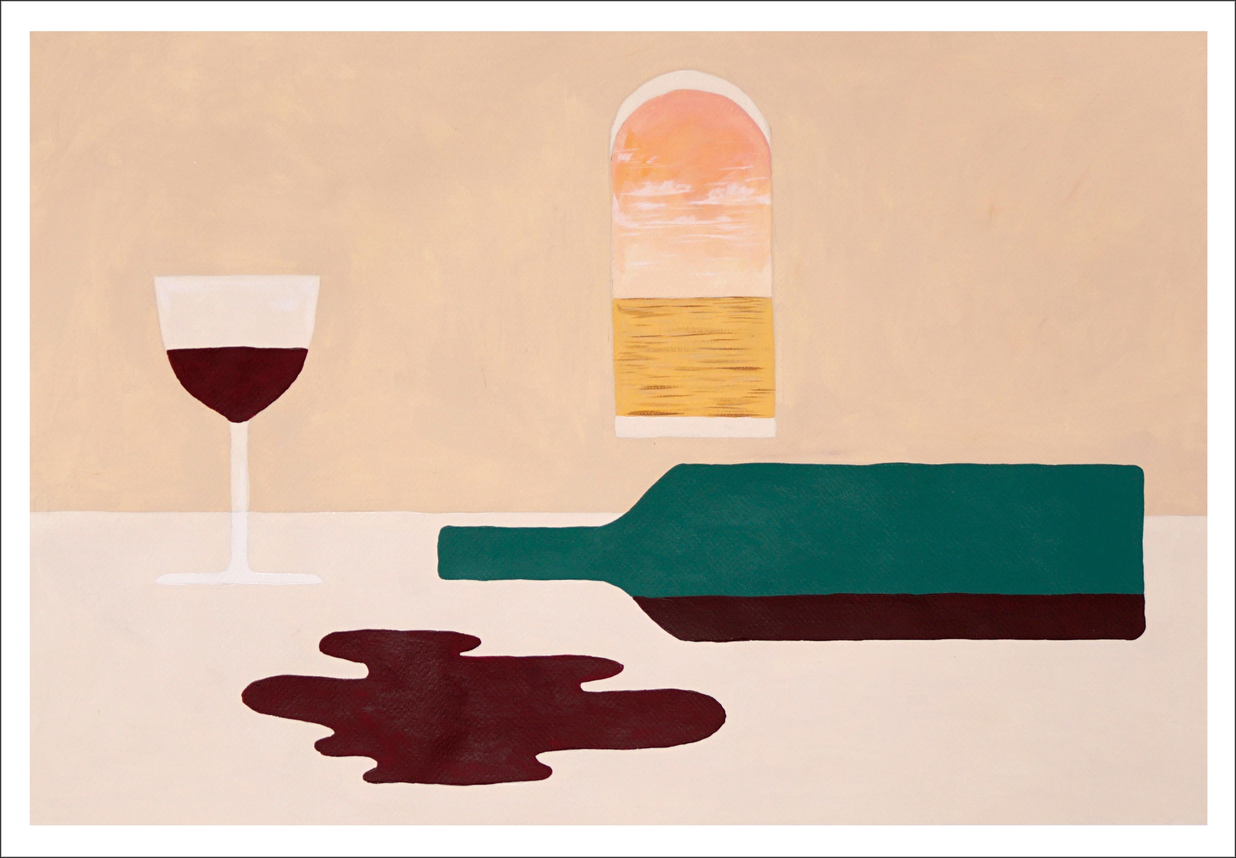 Gio Bellagio Still-Life Painting – Empty-Flasche mit Wein, horizontales modernes Stillleben in Erdtönen, Ansichten aus der Toskana