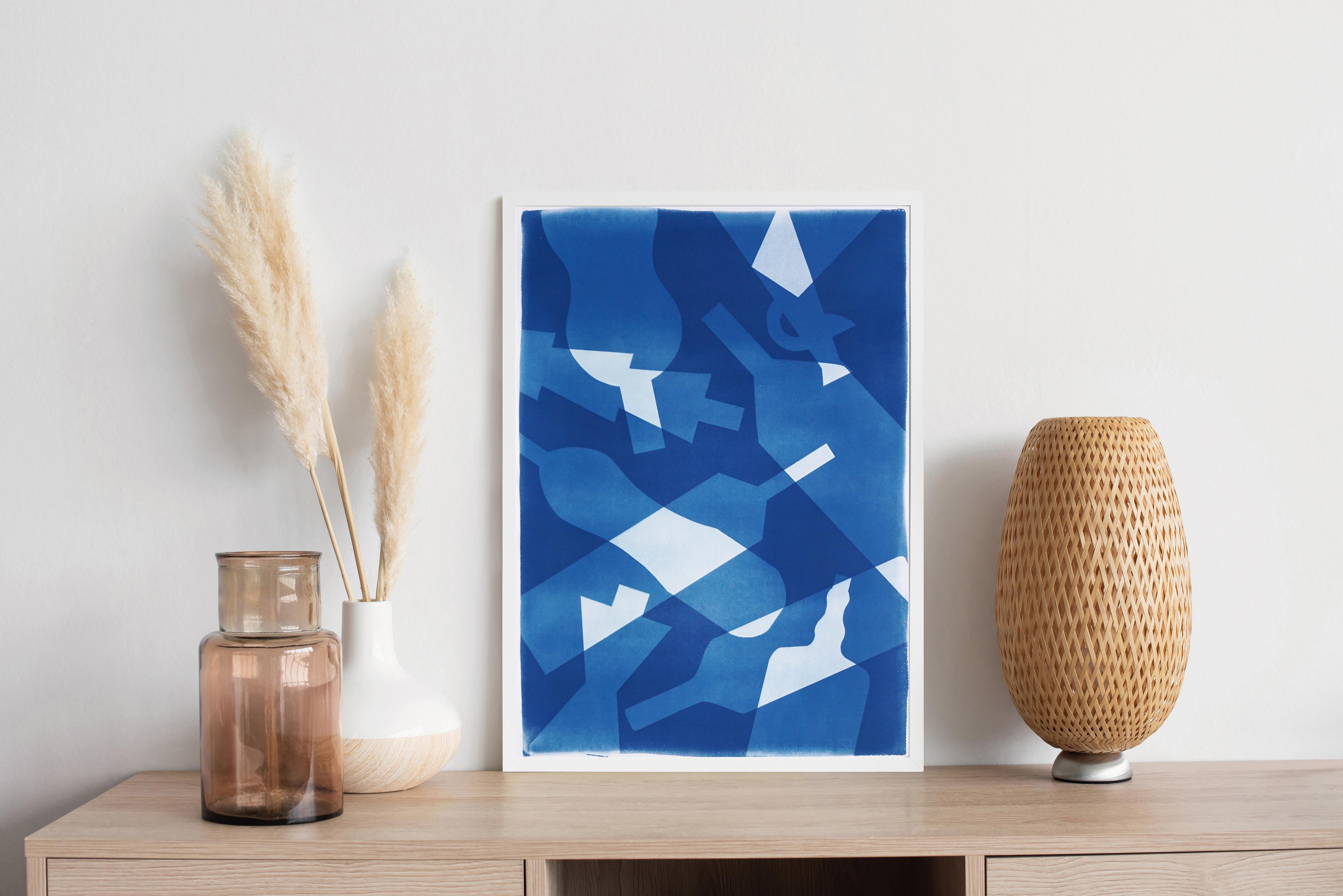 Falling Bottles, Still Life in Blue Tones, Patterns and Layers, Unique Cyanotype - Painting by Gio Bellagio