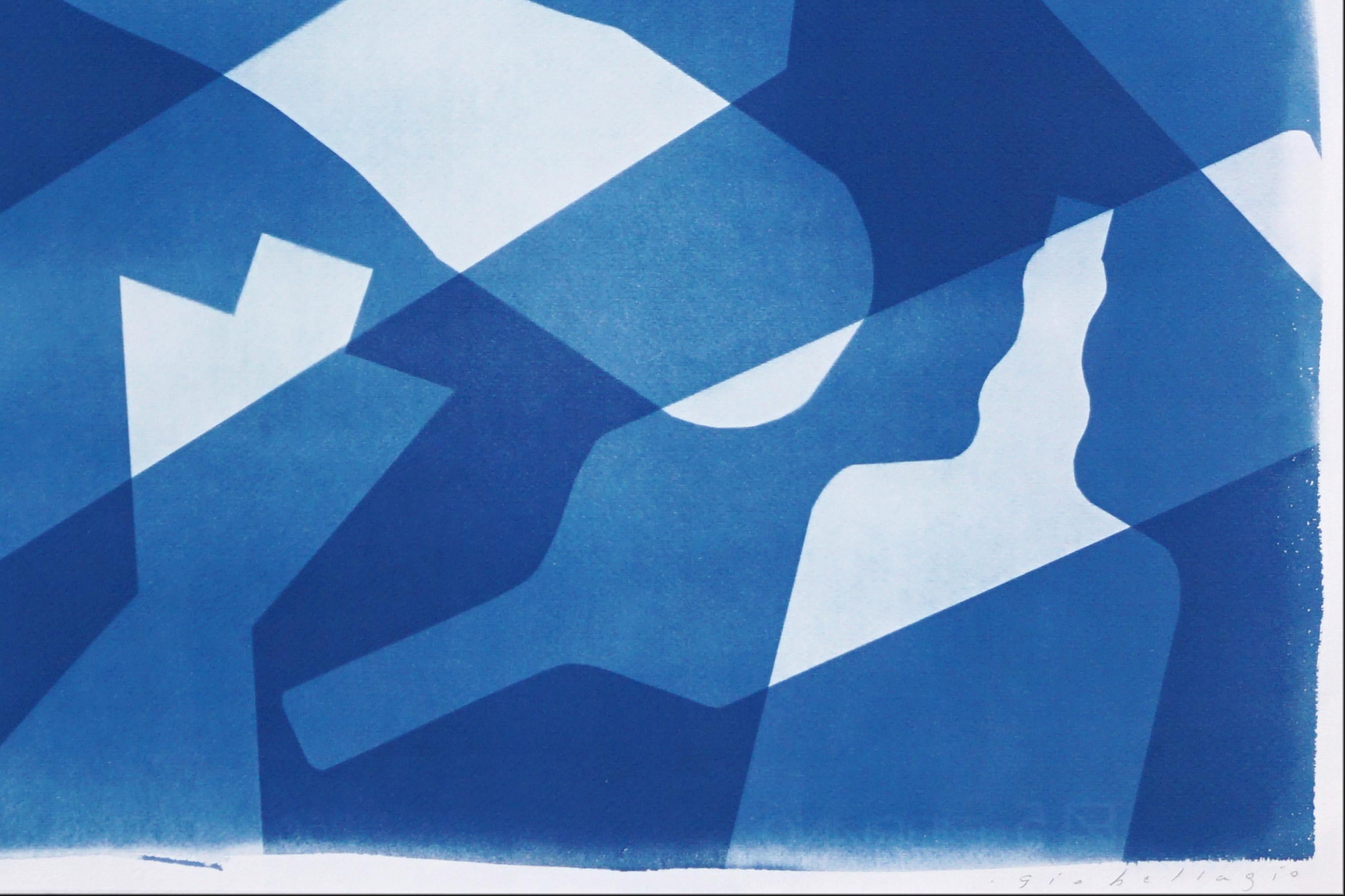 Falling Bottles, Still Life in Blue Tones, Patterns and Layers, Unique Cyanotype For Sale 2