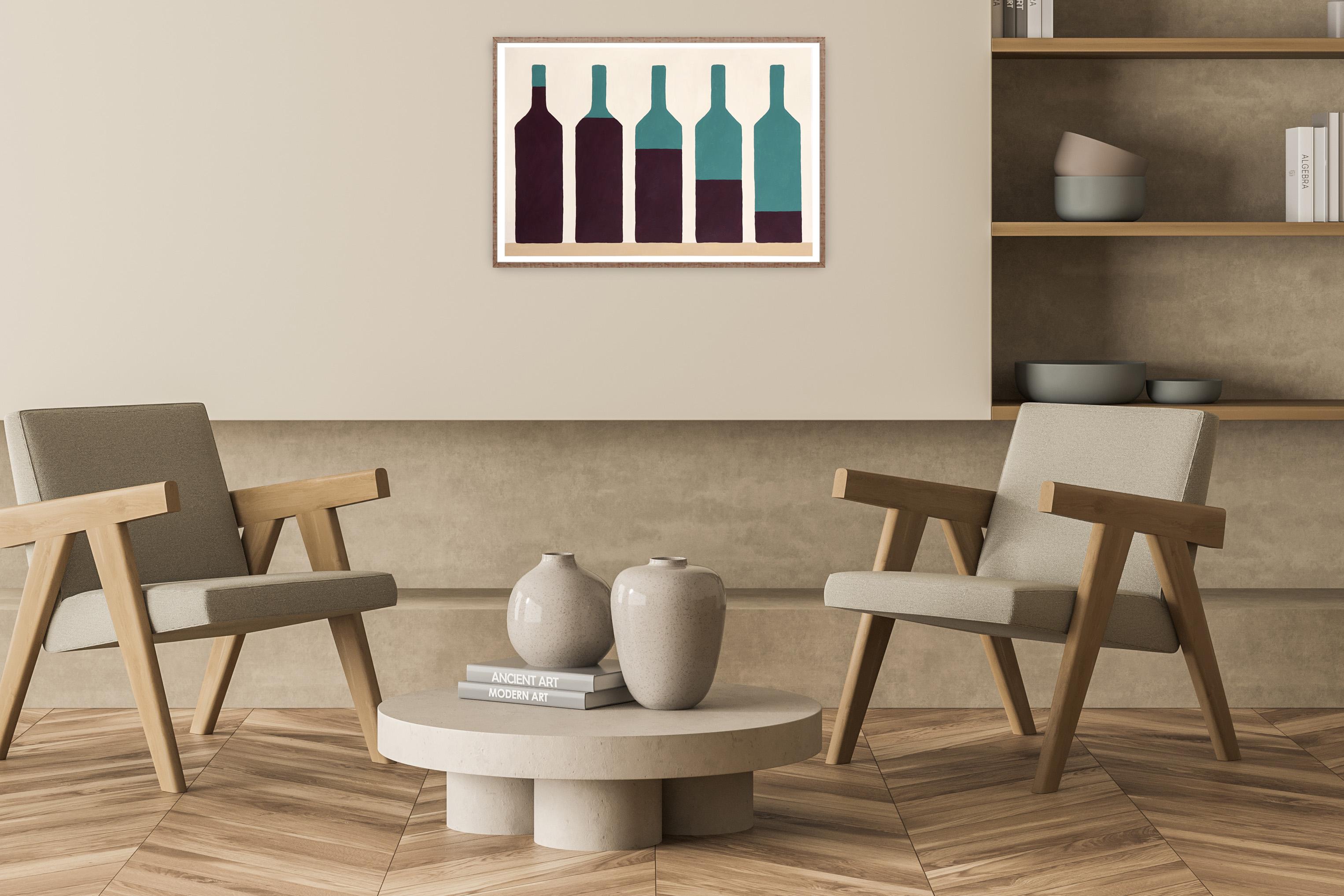 Five Wines, Modern Still Life of a Wine Cellar, Earth Tones, Naif Green Bottles - Painting by Gio Bellagio