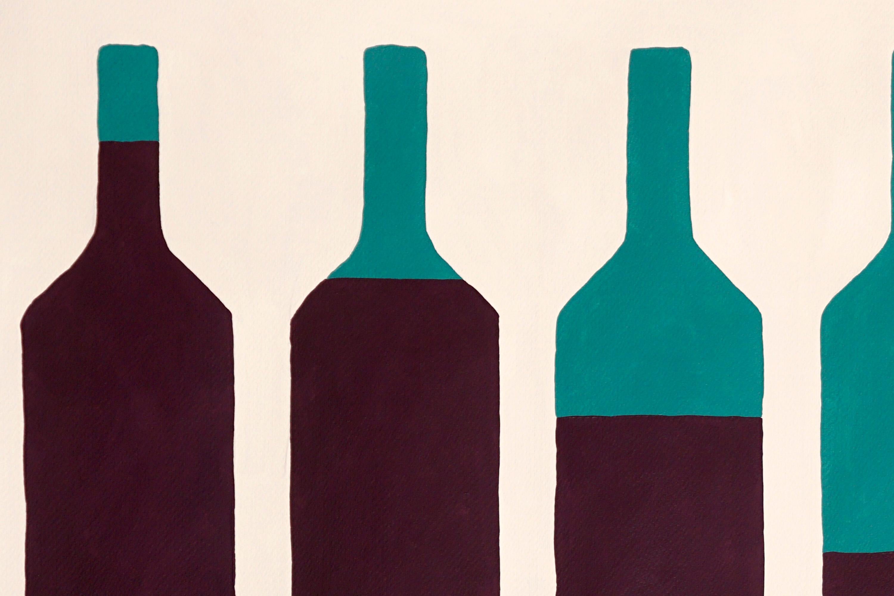 Five Wines, Modern Still Life of a Wine Cellar, Earth Tones, Naif Green Bottles - Black Still-Life Painting by Gio Bellagio