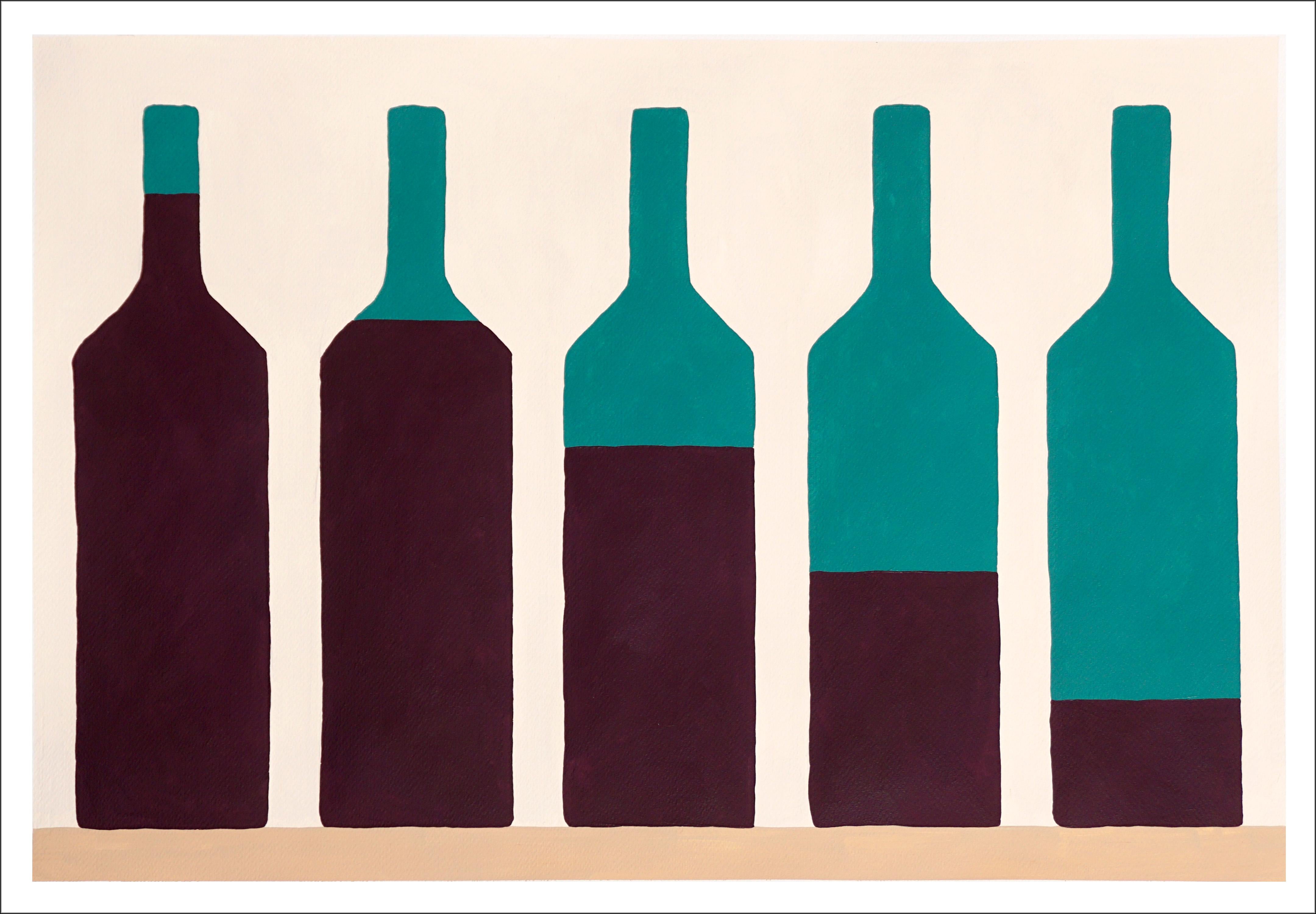 Fünf Weinreben, modernes Stillleben eines Weinkellers, Erdtöne, Naif-Grünflaschen