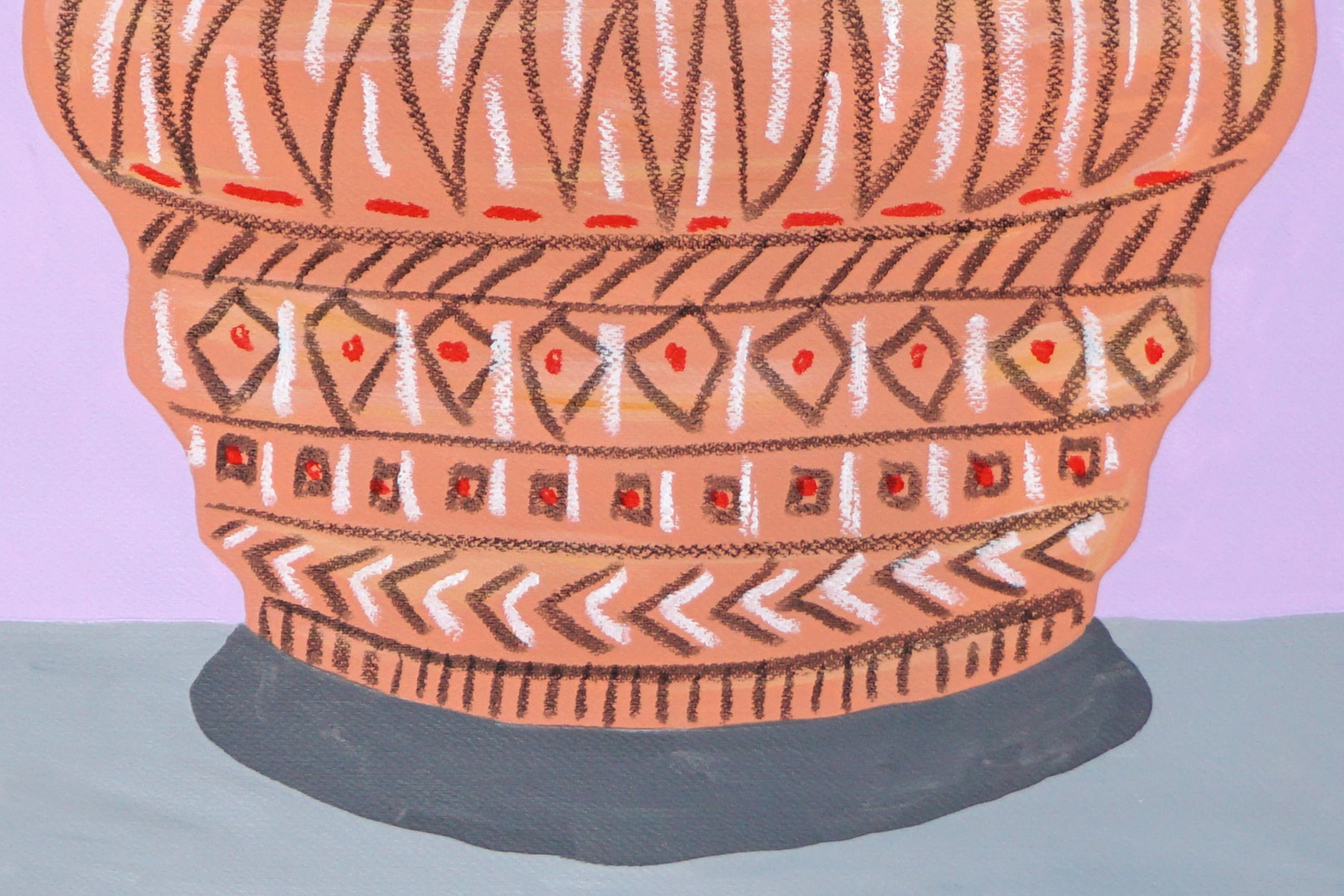 Díptico de motivos geométricos de vasijas sobre rosa, Pintura de vasijas antiguas sobre papel, 2024 - Painting de Gio Bellagio