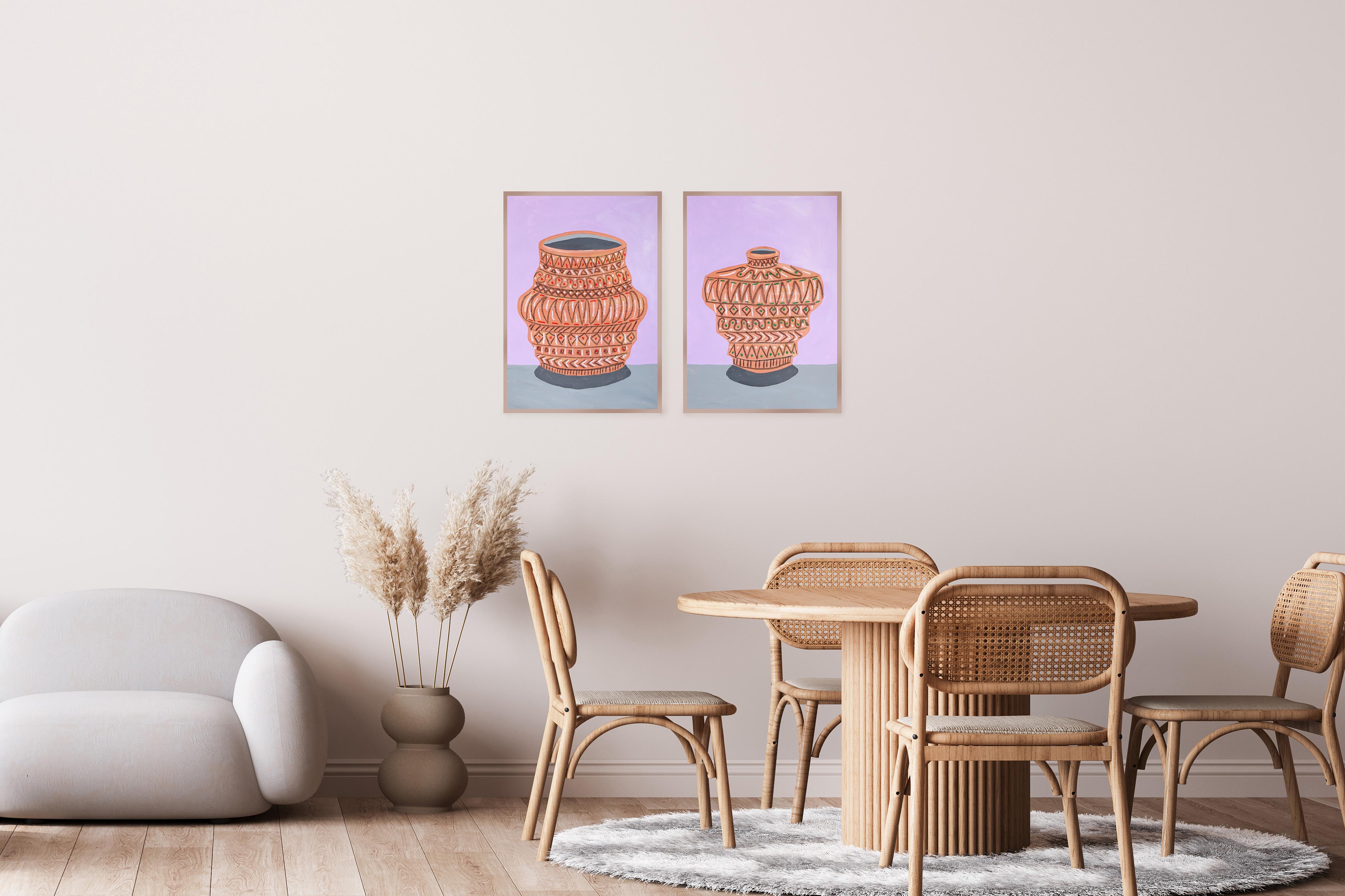 Díptico de motivos geométricos de vasijas sobre rosa, Pintura de vasijas antiguas sobre papel, 2024 - Painting realista estadounidense de Gio Bellagio