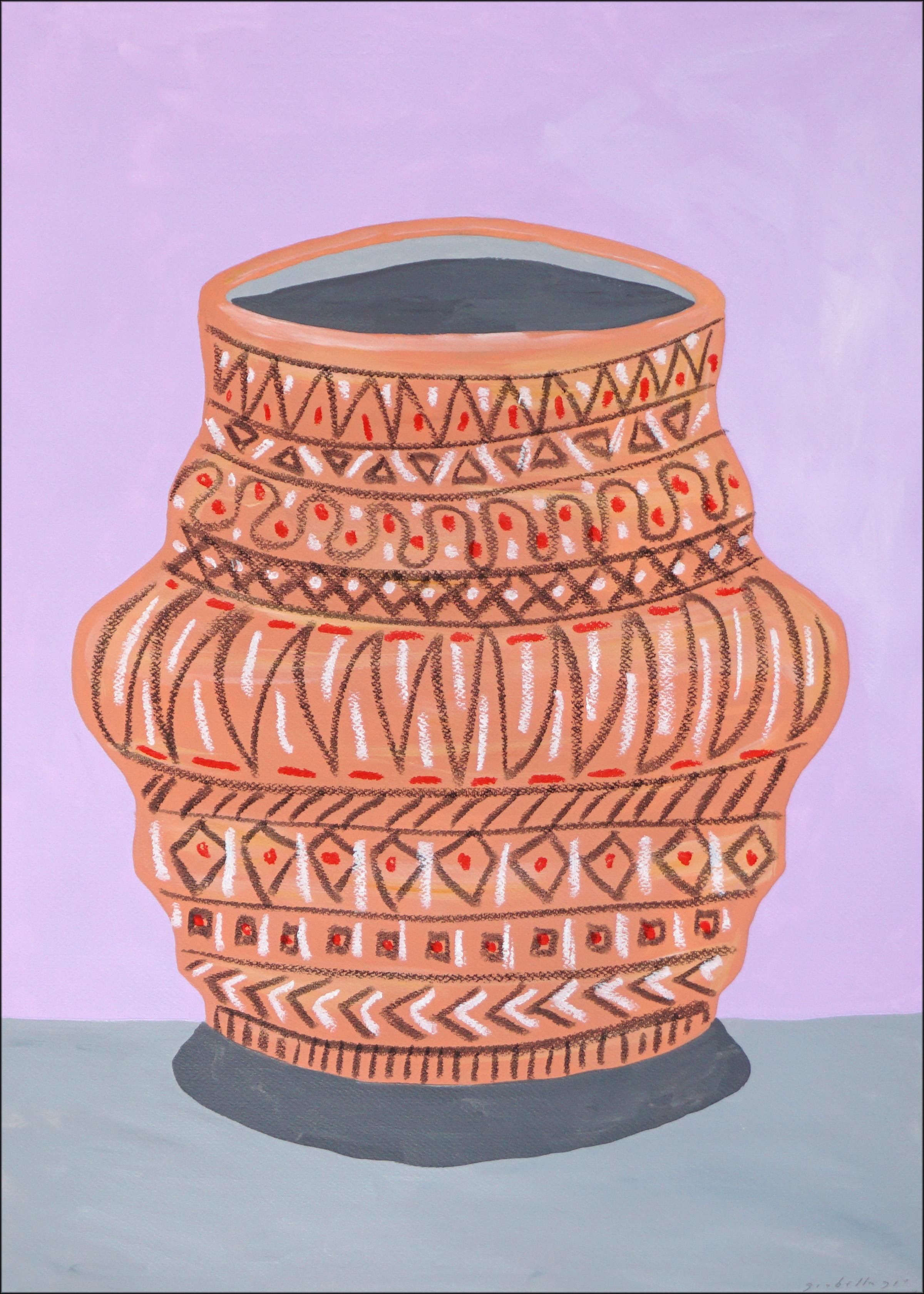 Díptico de motivos geométricos de vasijas sobre rosa, Pintura de vasijas antiguas sobre papel, 2024 - Still-Life Painting Gris de Gio Bellagio