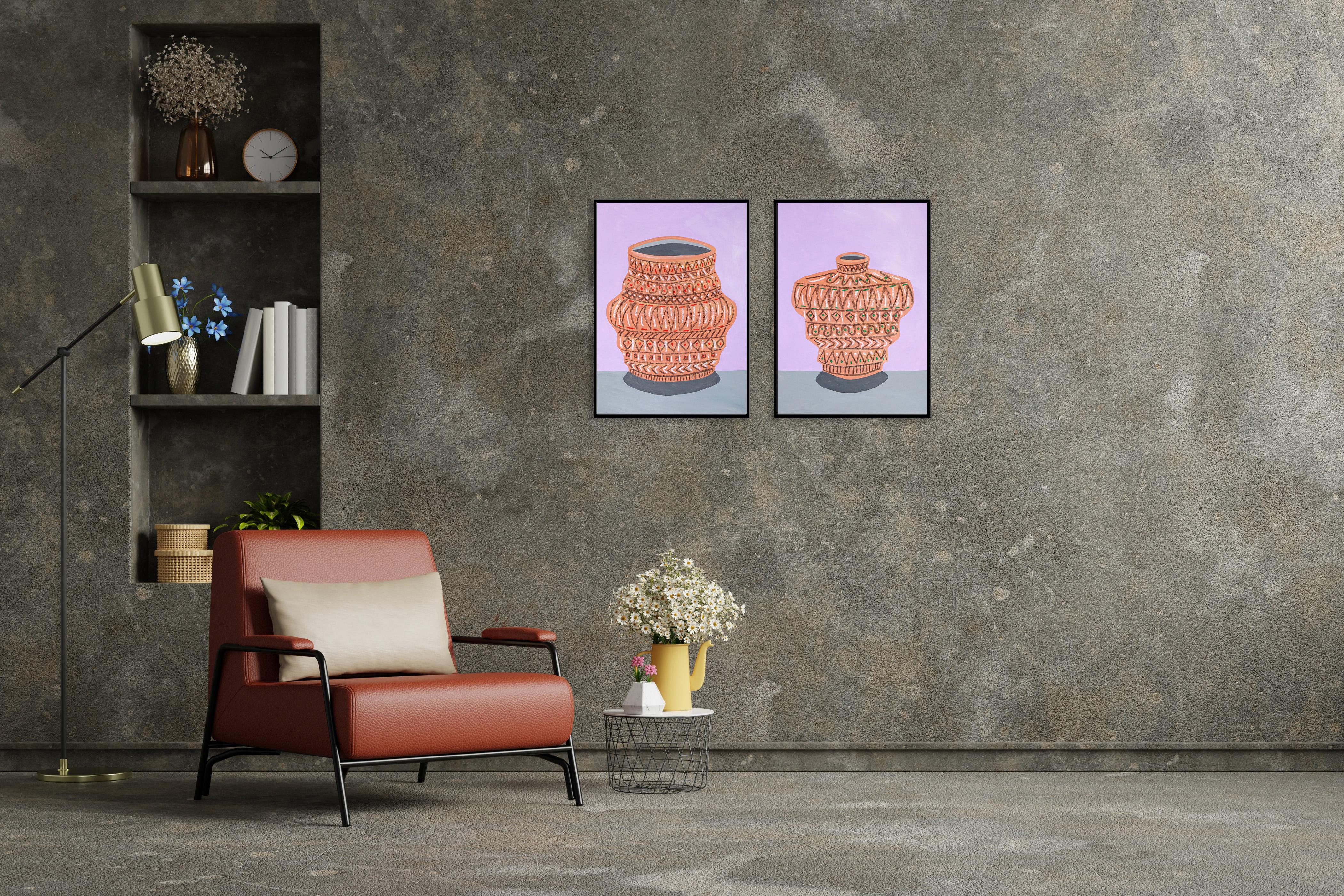 Díptico de motivos geométricos de vasijas sobre rosa, Pintura de vasijas antiguas sobre papel, 2024 en venta 1