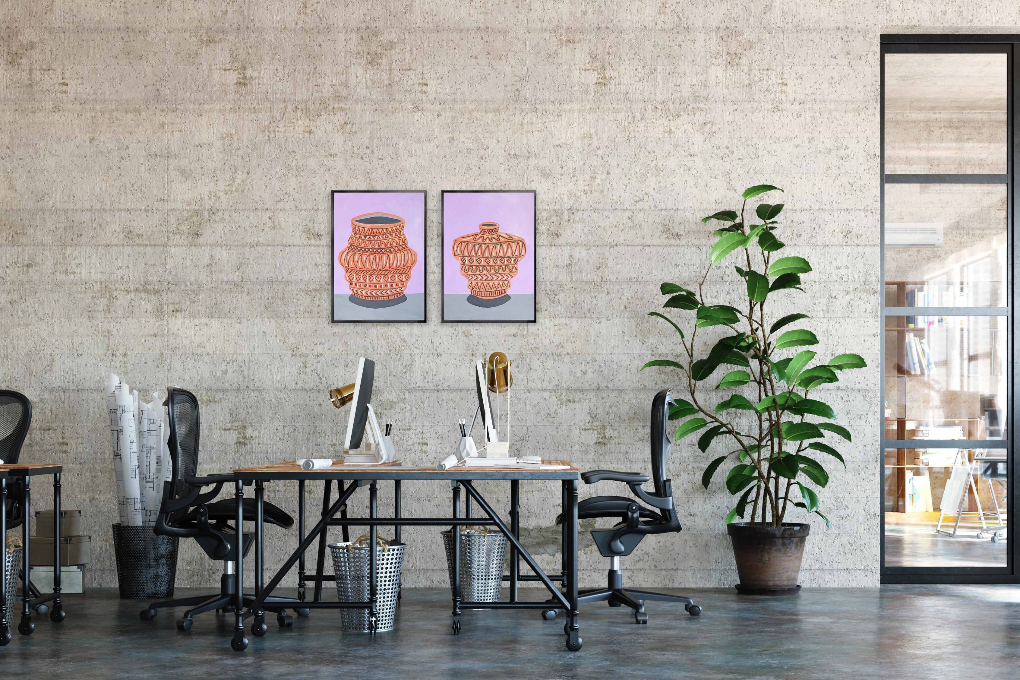 Díptico de motivos geométricos de vasijas sobre rosa, Pintura de vasijas antiguas sobre papel, 2024 en venta 3