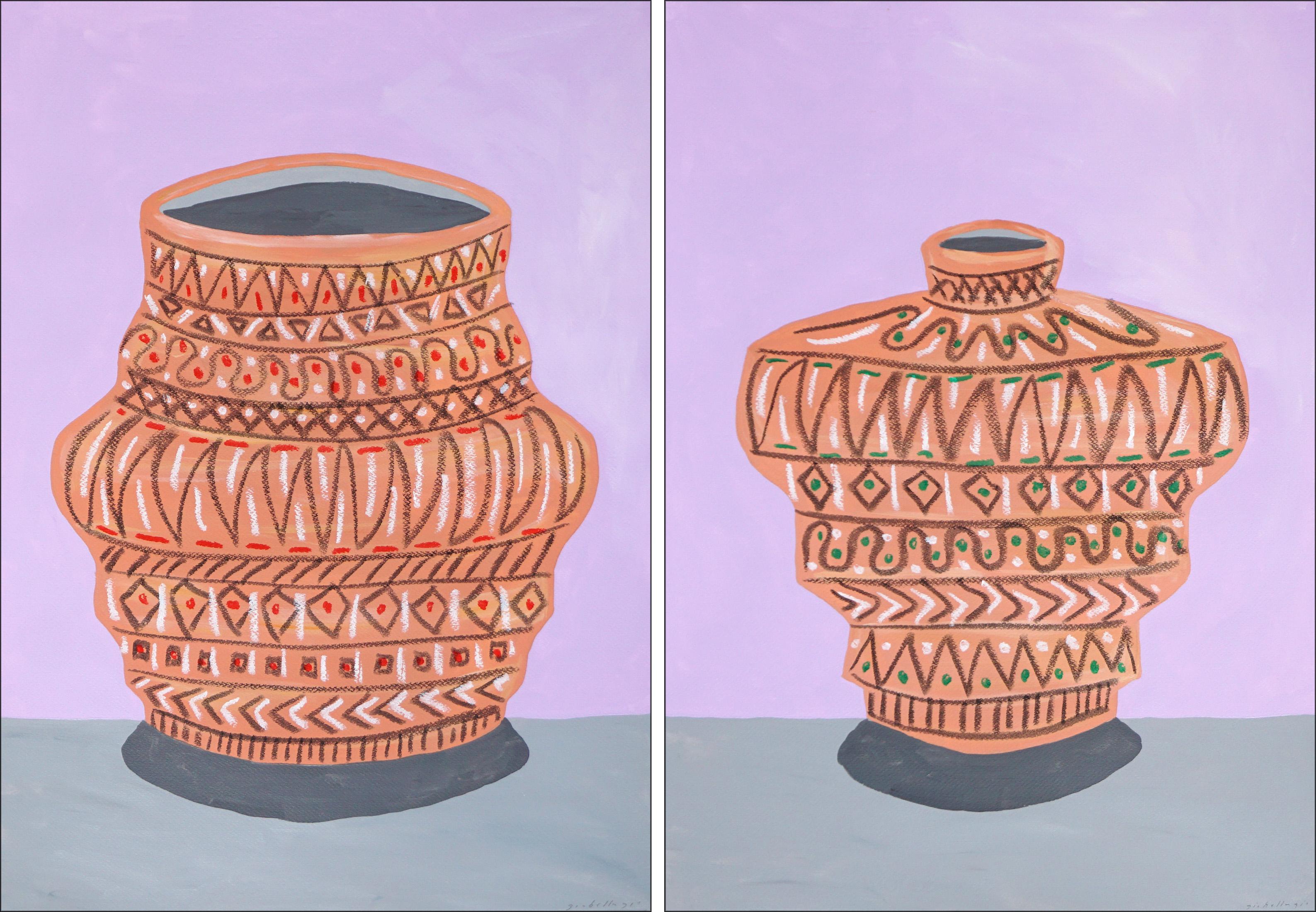 Geometric Pot Patterns Diptych on Pink, Ancient Vessels Painting on Paper, 2024