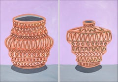 Geometric Pot Patterns Diptych on Pink, Ancient Vessels Painting on Paper, 2024