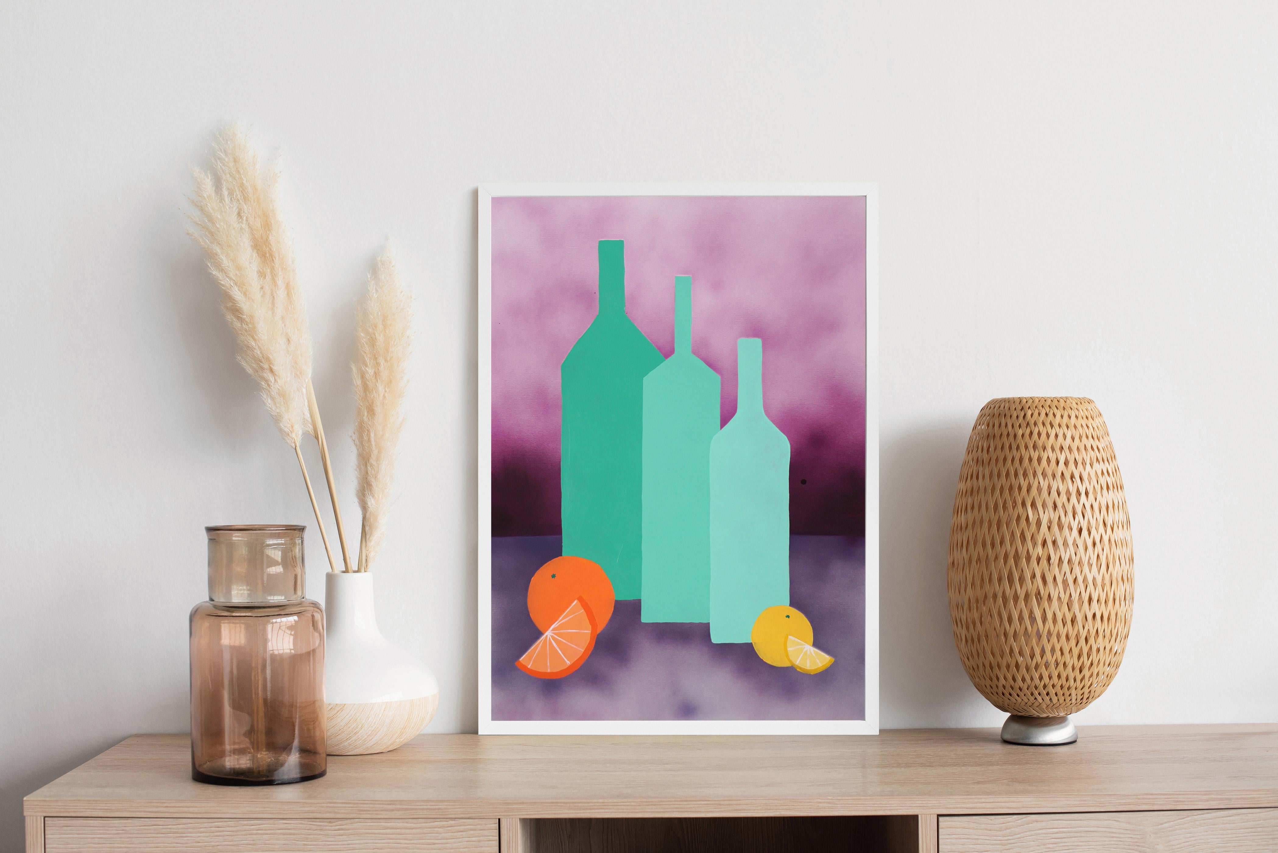Gradient Green Bottles, Purple Airbrush Background, Still Life, Citrus Display  - Painting by Gio Bellagio