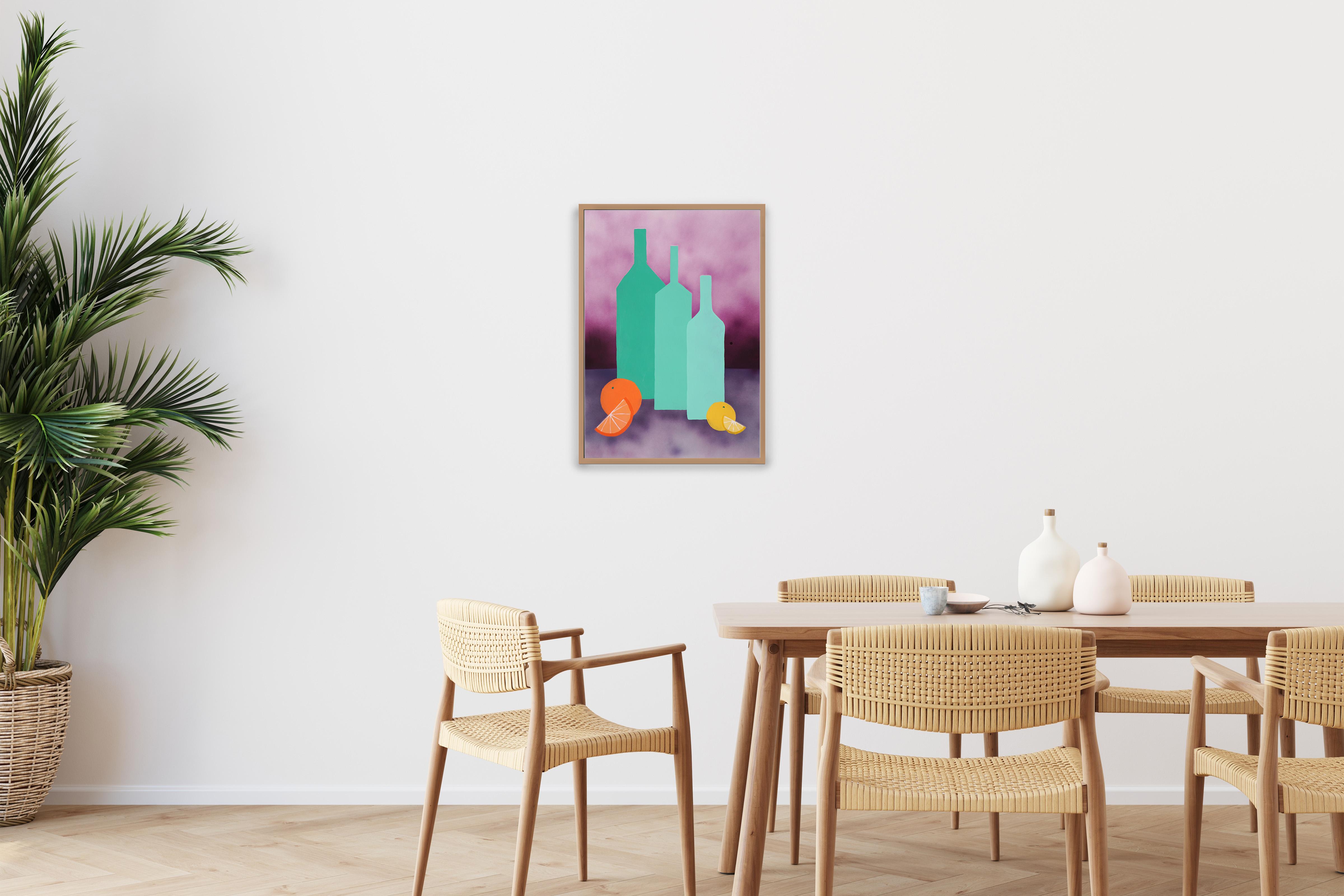 Gradient Green Bottles, Purple Airbrush Background, Still Life, Citrus Display  For Sale 1