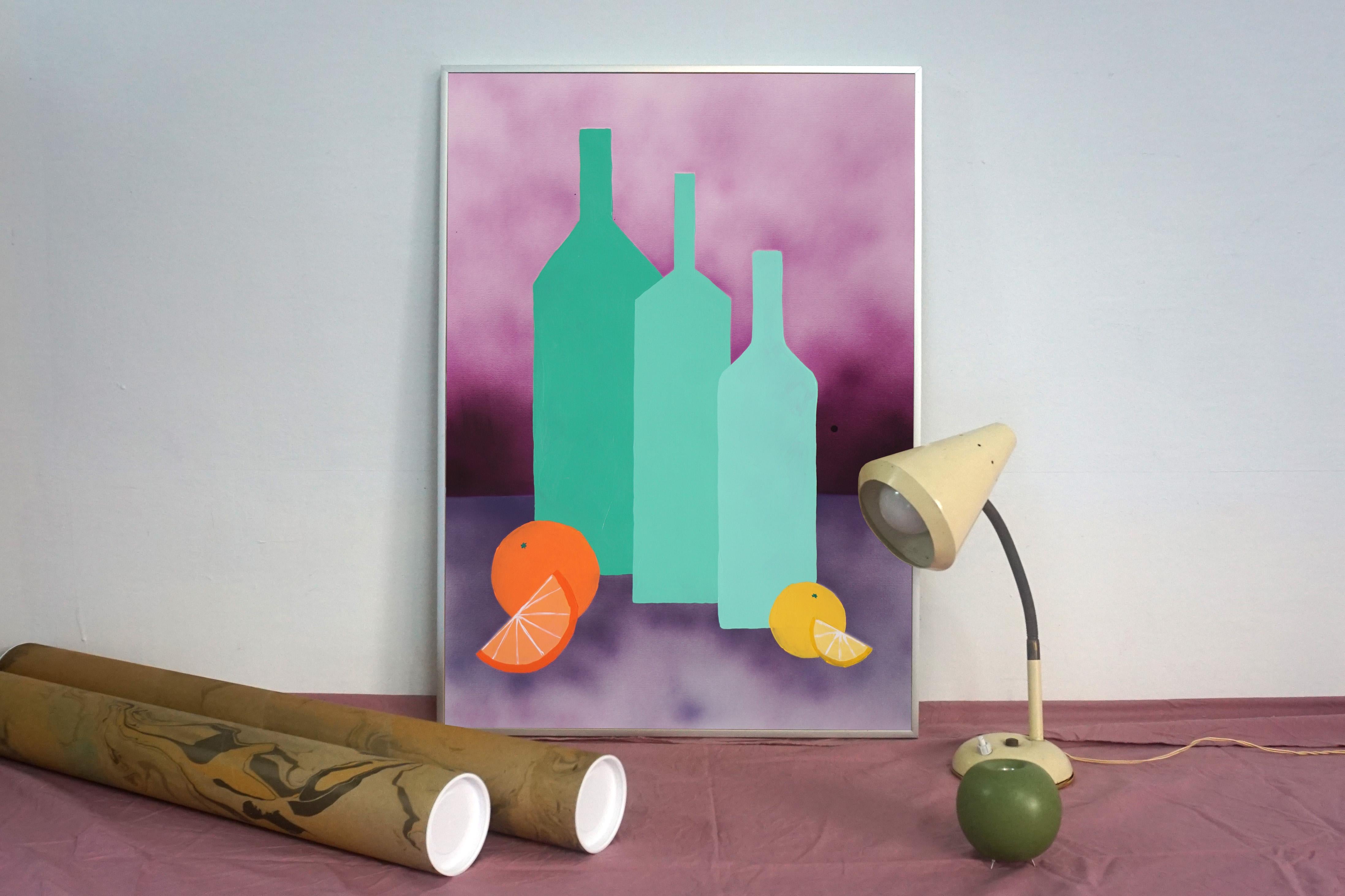 Gradient Green Bottles, Purple Airbrush Background, Still Life, Citrus Display  For Sale 2