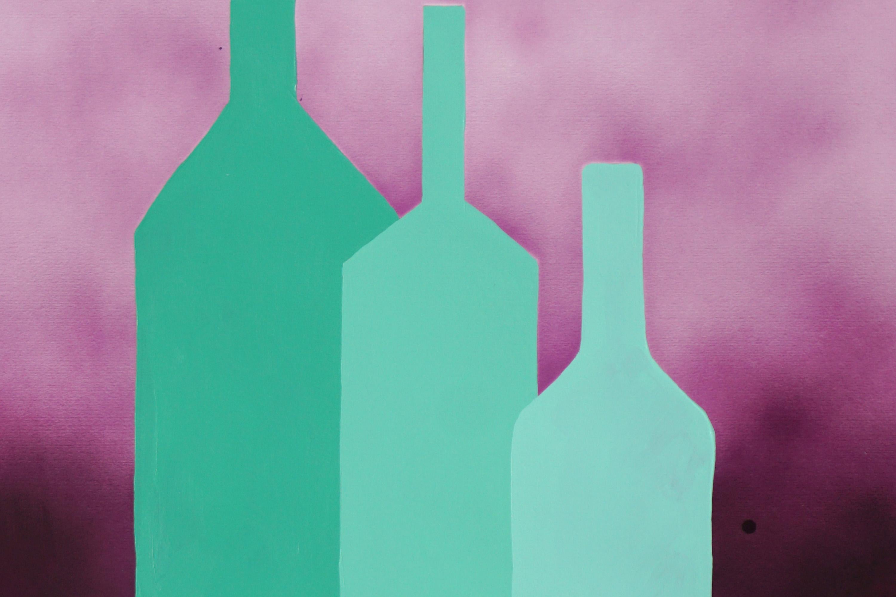 Gradient Green Bottles, Purple Airbrush Background, Still Life, Citrus Display  For Sale 3