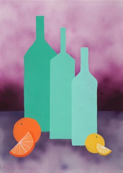 Gradient Green Bottles, Purple Airbrush Background, Still Life, Citrus Display 