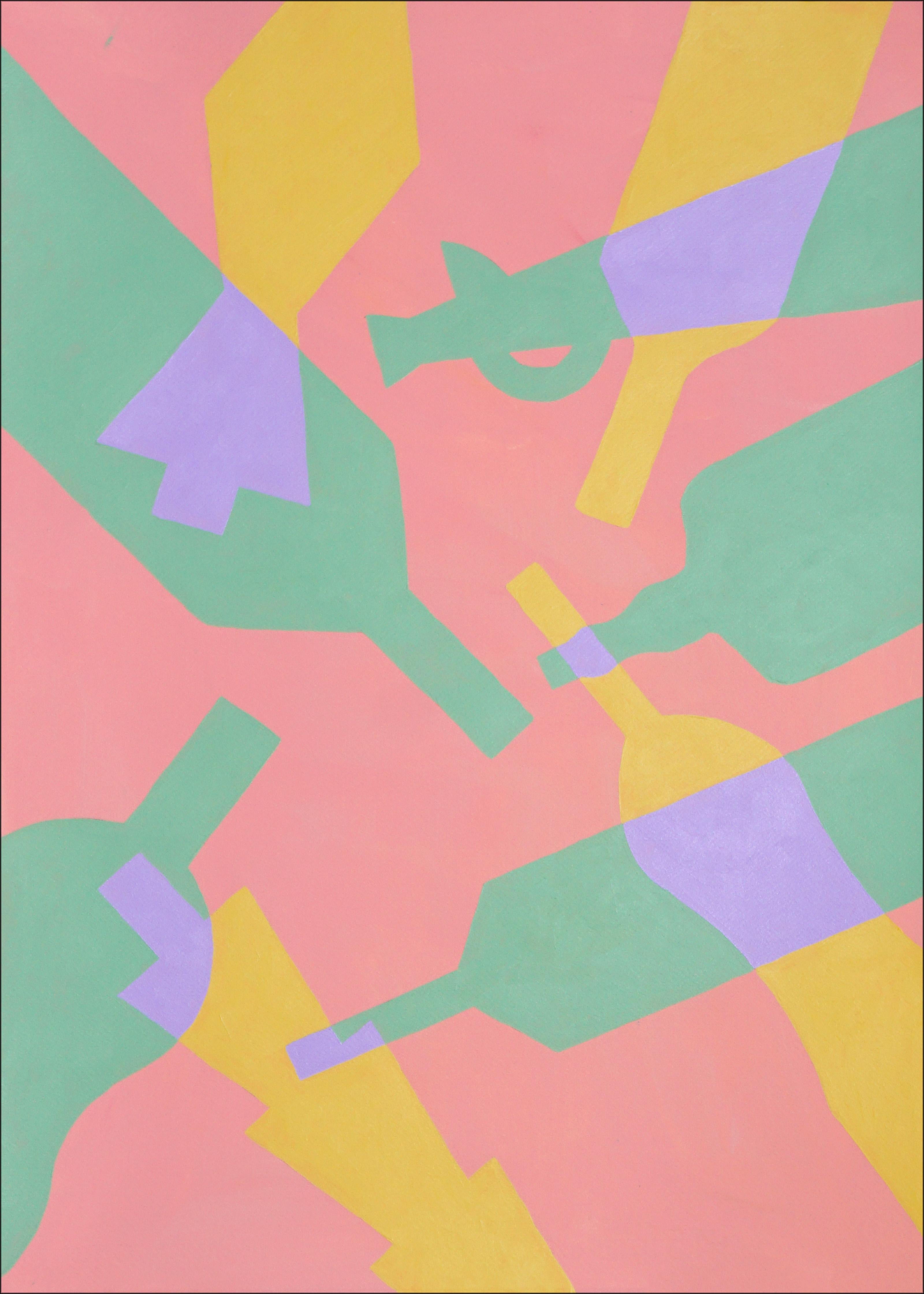 Green and Yellow Falling Bottles on Pink Background, Modern Still Life on Paper For Sale 3