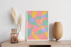 Green and Yellow Falling Bottles on Pink Background, Modern Still Life on Paper