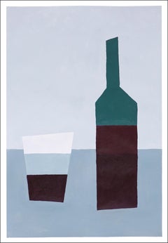 Half Glass of Wine, Contemporary Still-Life Cubist Bottle Dark Soft Tones, Gray 
