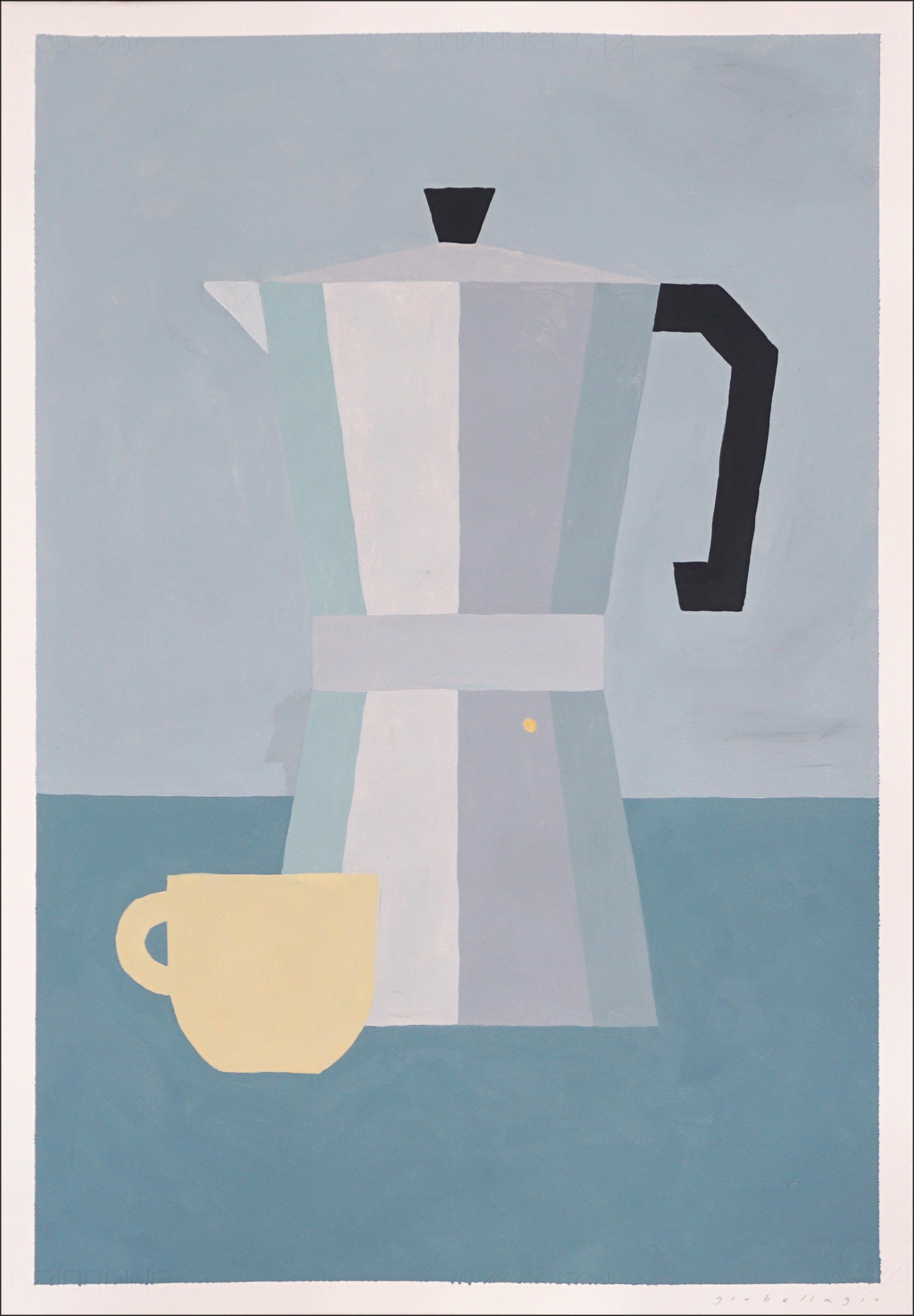 Gio Bellagio Still-Life Painting - Italian Coffee Maker, Cold Tones, Gray Hue, Modern Still Life, Vintage Espresso