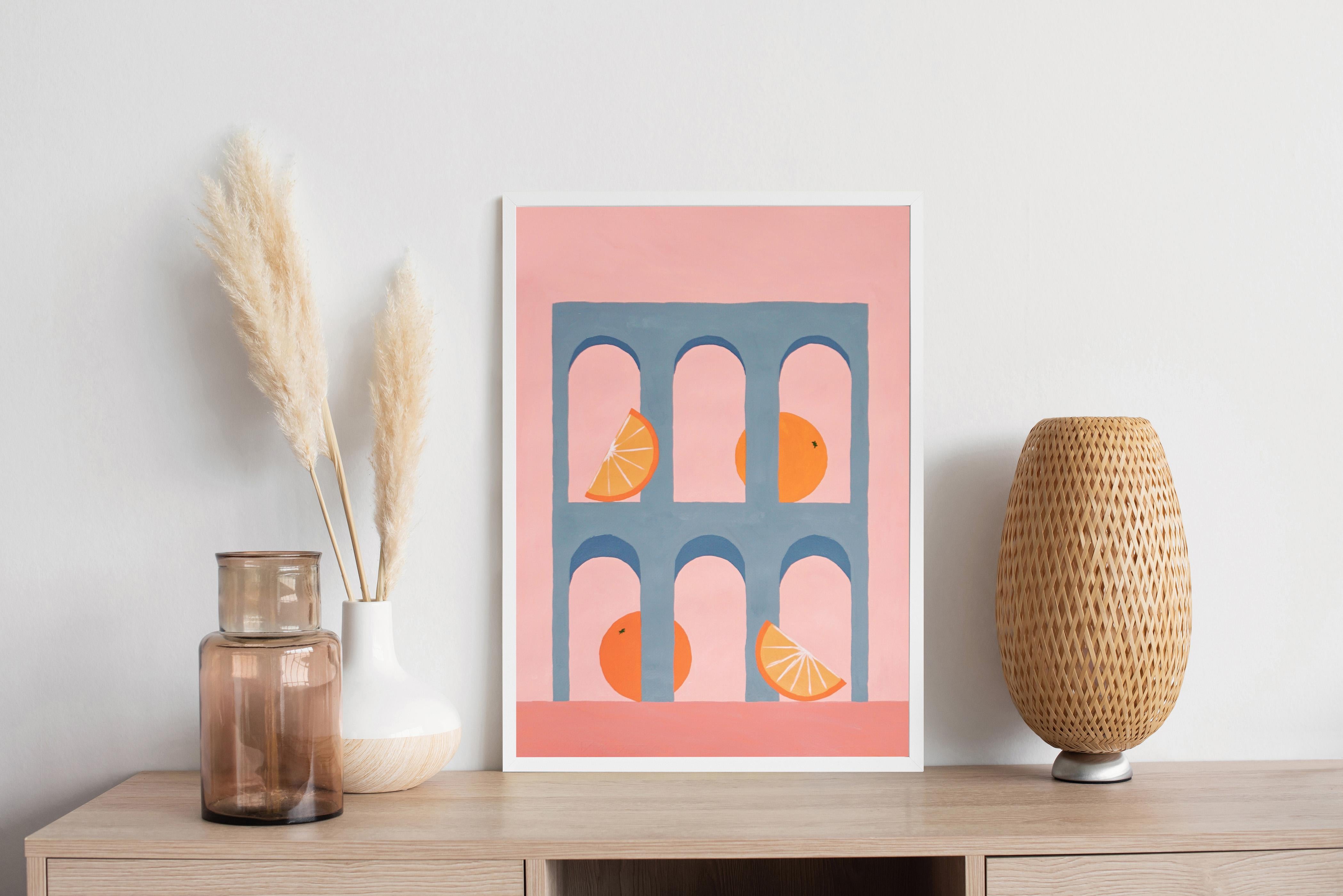 Archi grigi minimalisti con agrumi, natura morta moderna, lime, arance, rosa - Painting di Gio Bellagio