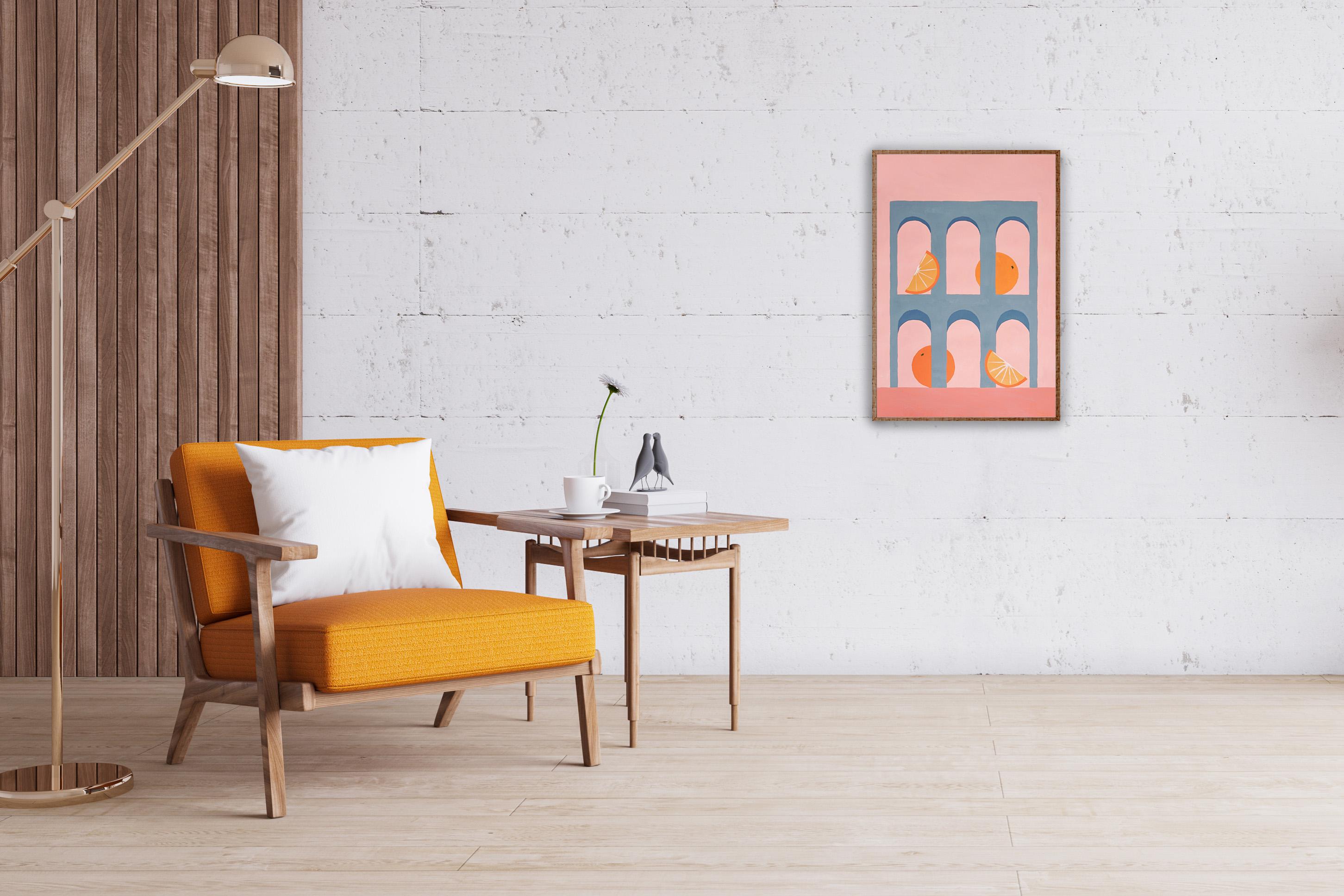 Archi grigi minimalisti con agrumi, natura morta moderna, lime, arance, rosa - Painting Realismo di Gio Bellagio
