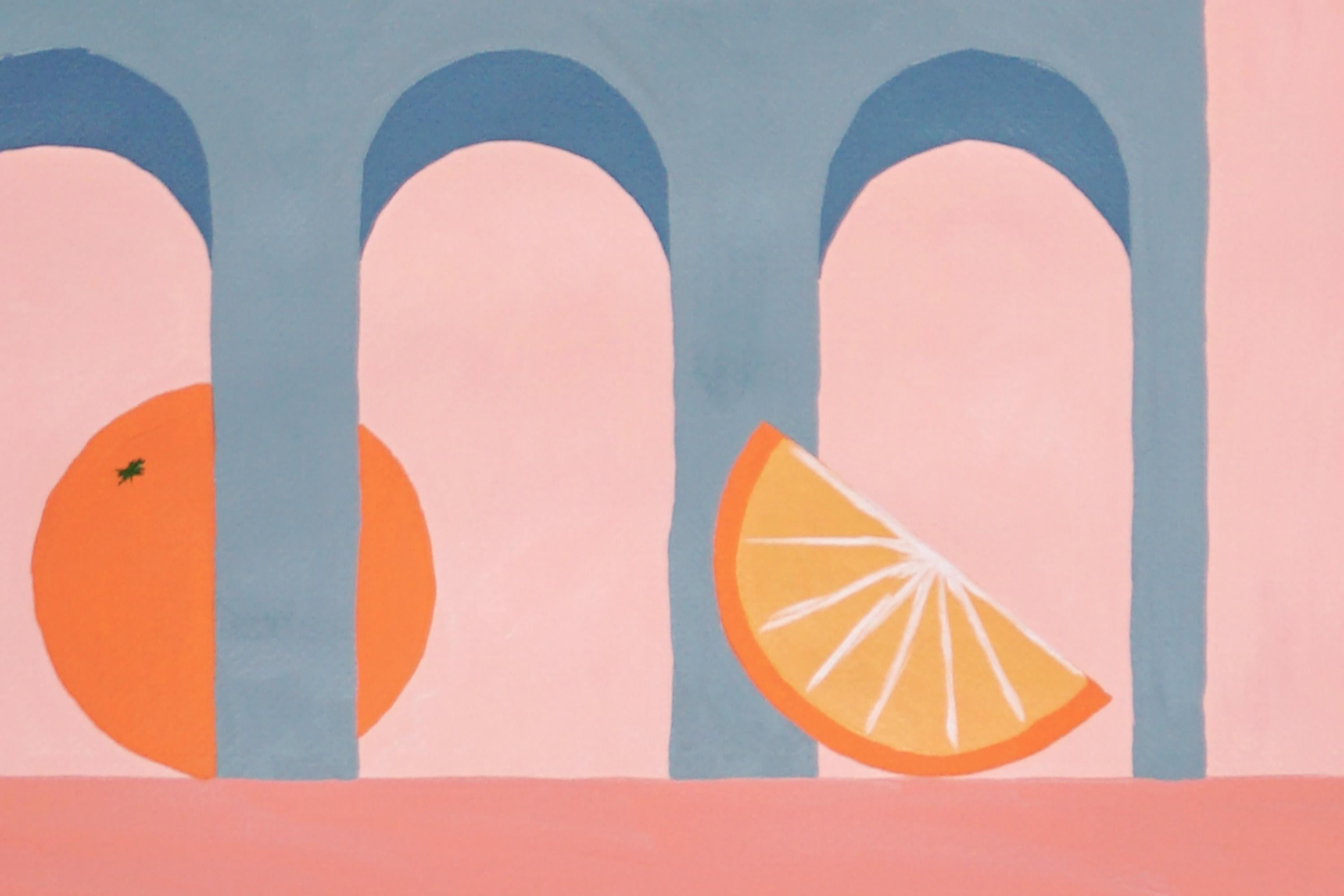 Archi grigi minimalisti con agrumi, natura morta moderna, lime, arance, rosa 1