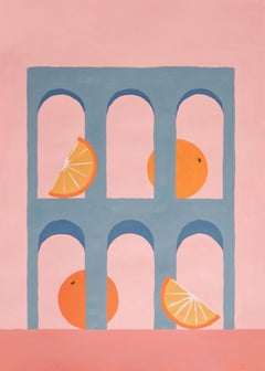 Minimalist Gray Arcs with Citrus Fruits, Modern Still Life, Limes, Oranges, Pink
