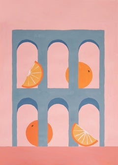 Minimalistische graue Arcs mit Zitrusfrüchten, modernes Stillleben, Limonen, Orange, Rosa