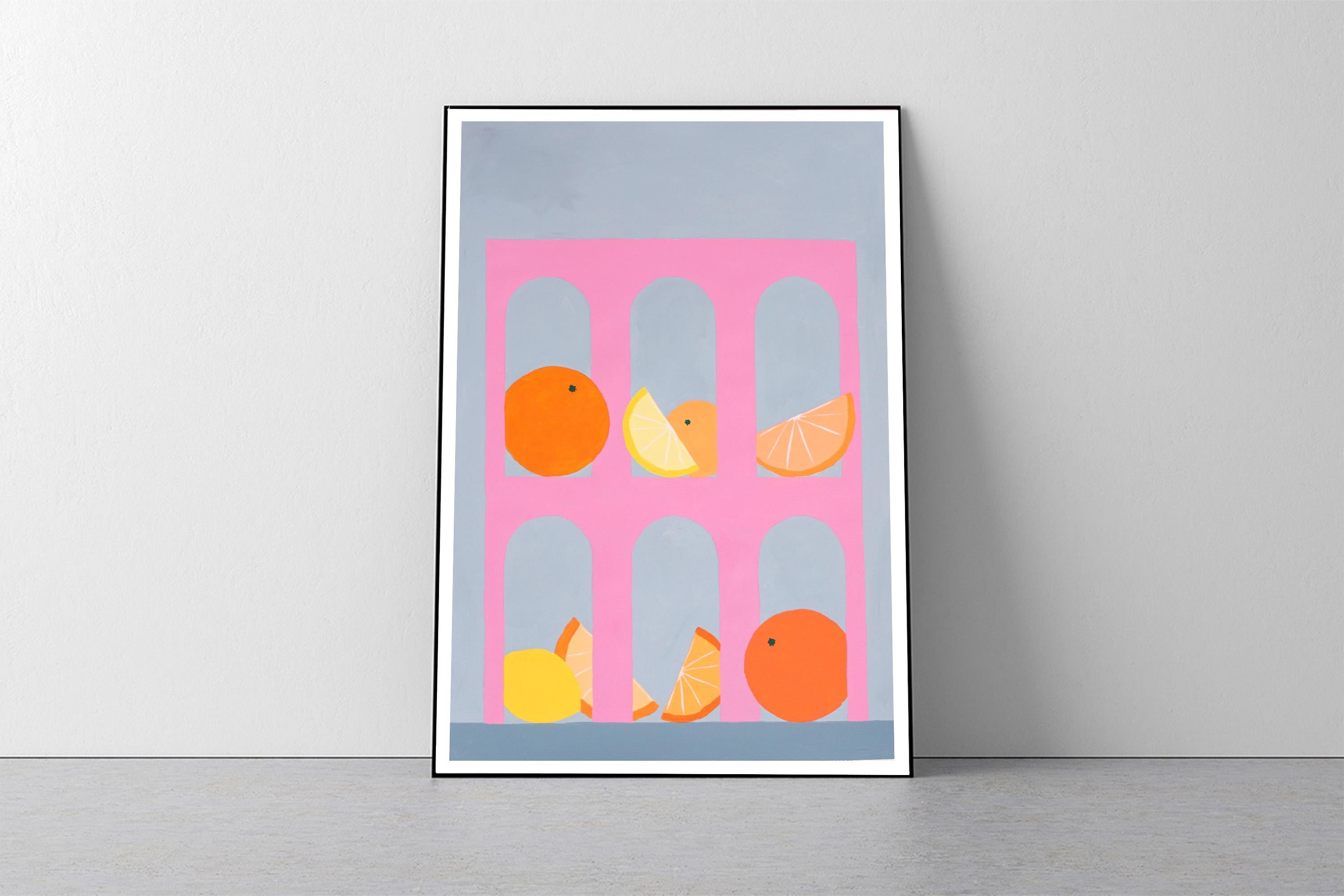 Minimalist Pink Arcs with Citrus Fruits, Modern Still Life, Limes, Oranges, Gray - Painting by Gio Bellagio