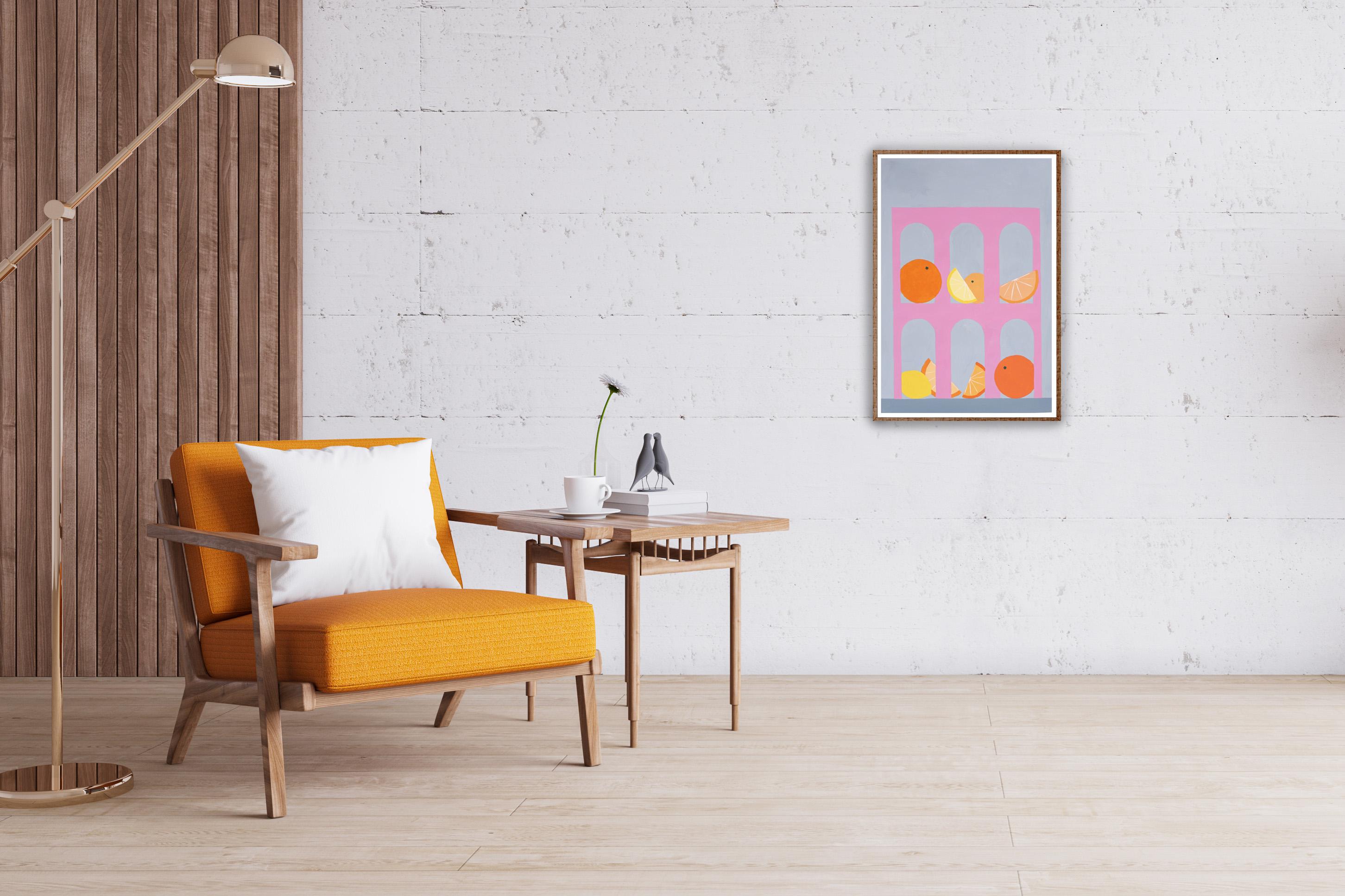 Minimalist Pink Arcs with Citrus Fruits, Modern Still Life, Limes, Oranges, Gray - Realist Painting by Gio Bellagio