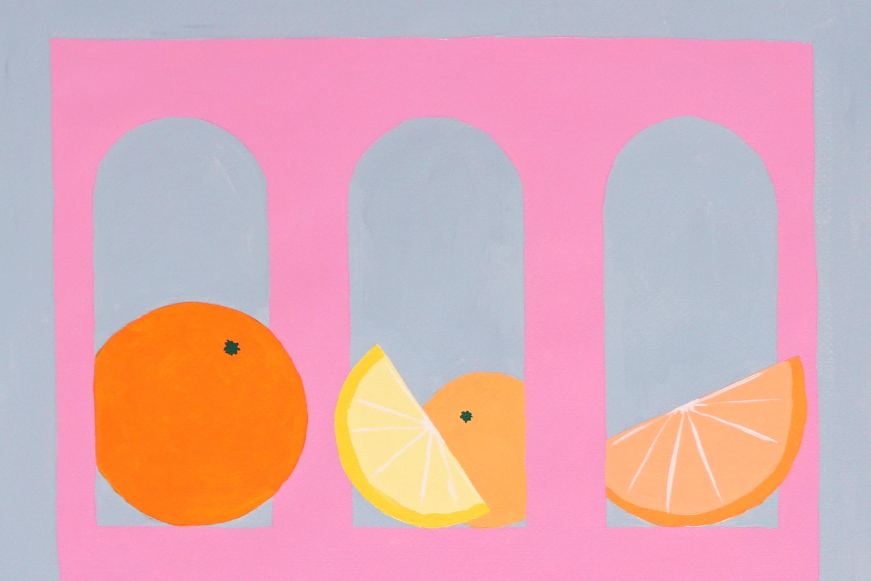 Minimalist Pink Arcs with Citrus Fruits, Modern Still Life, Limes, Oranges, Gray 2