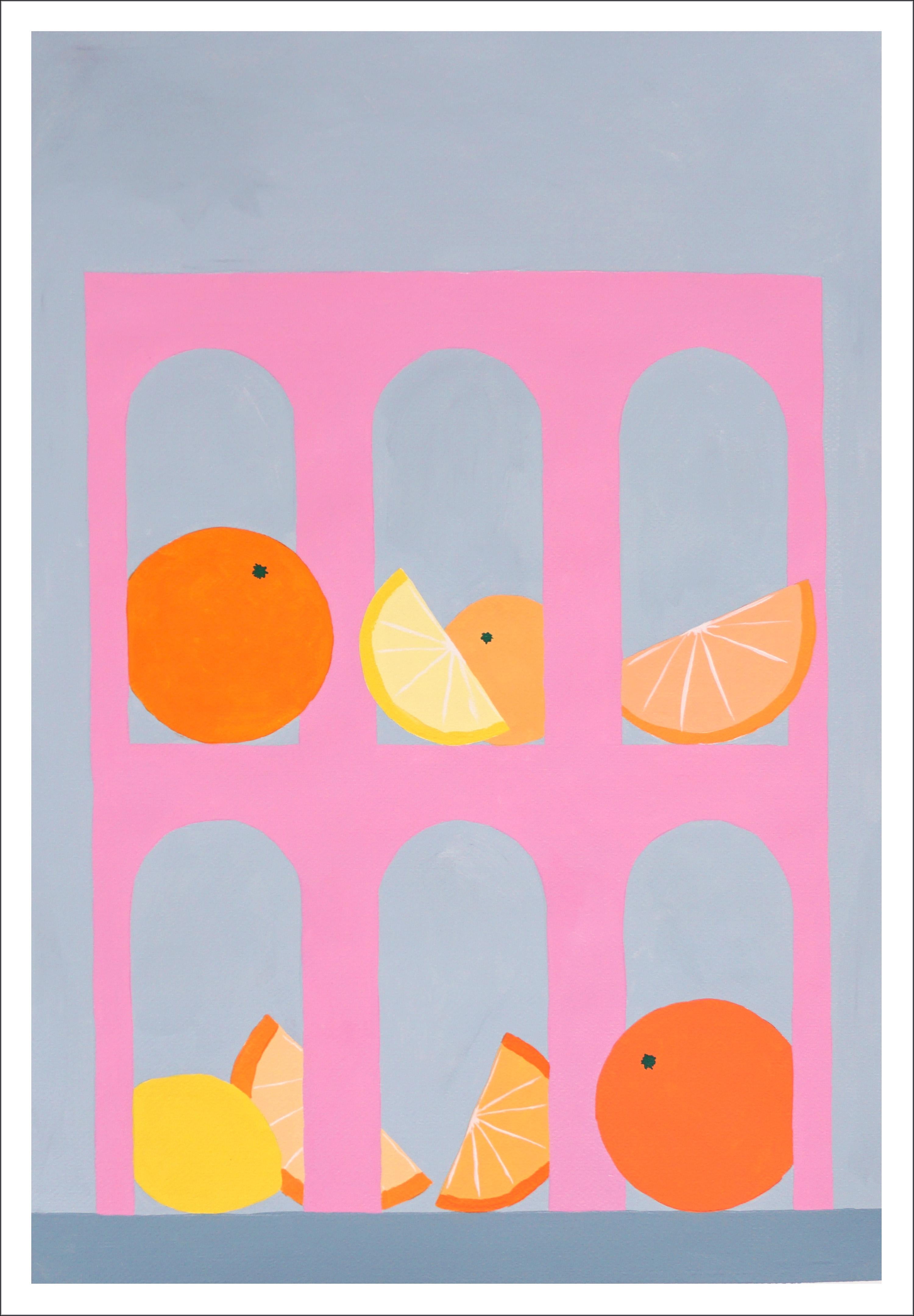 Gio Bellagio Still-Life Painting - Minimalist Pink Arcs with Citrus Fruits, Modern Still Life, Limes, Oranges, Gray