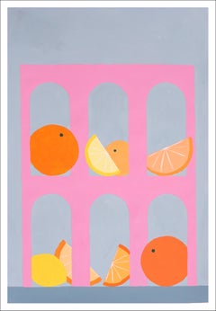 Minimalist Pink Arcs with Citrus Fruits, Modern Still Life, Limes, Oranges, Gray