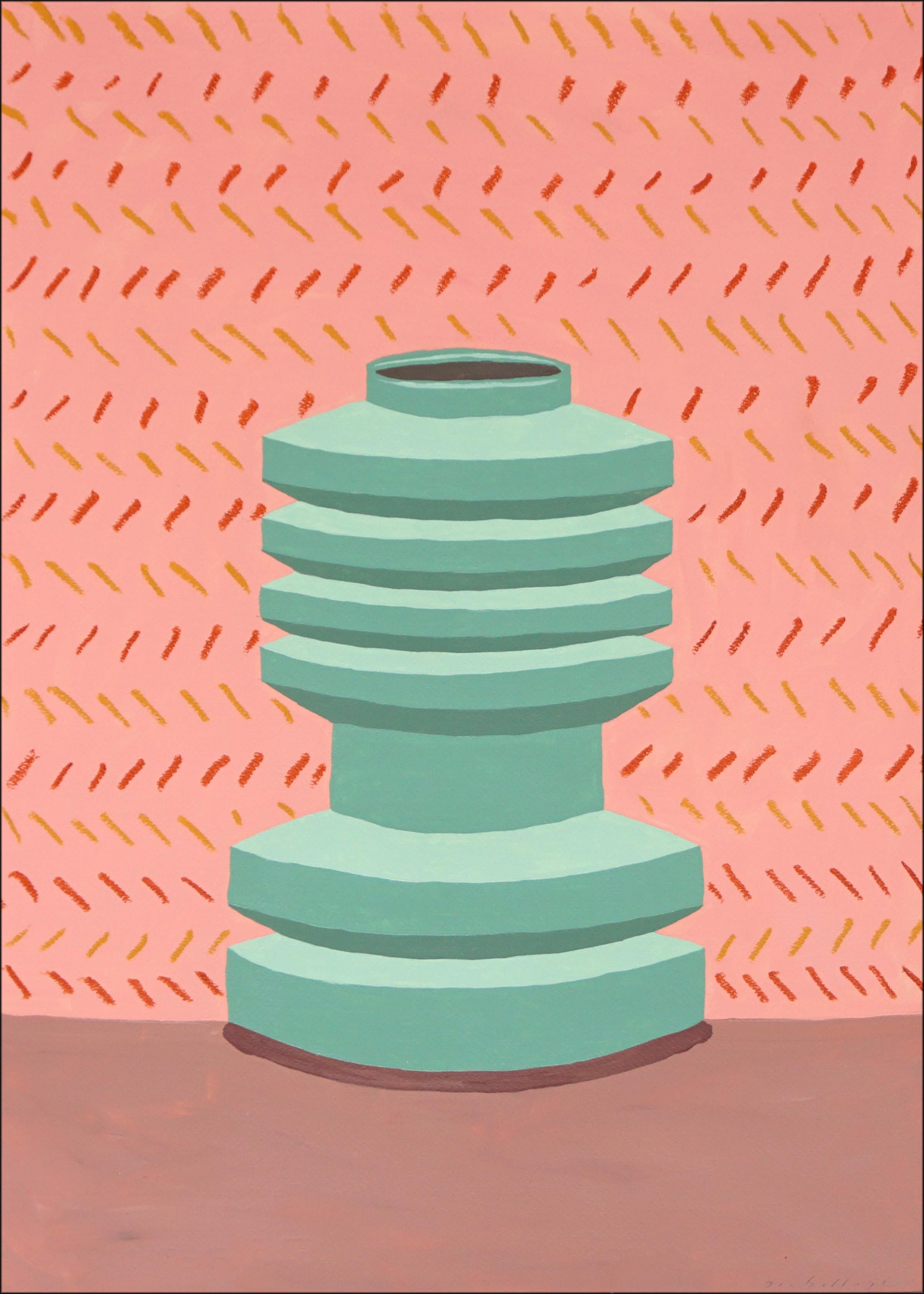 Modern Shaped Ceramic Duo, Contemporary Pottery on Pink Background, Paper,  2024 - Brown Still-Life Painting by Gio Bellagio