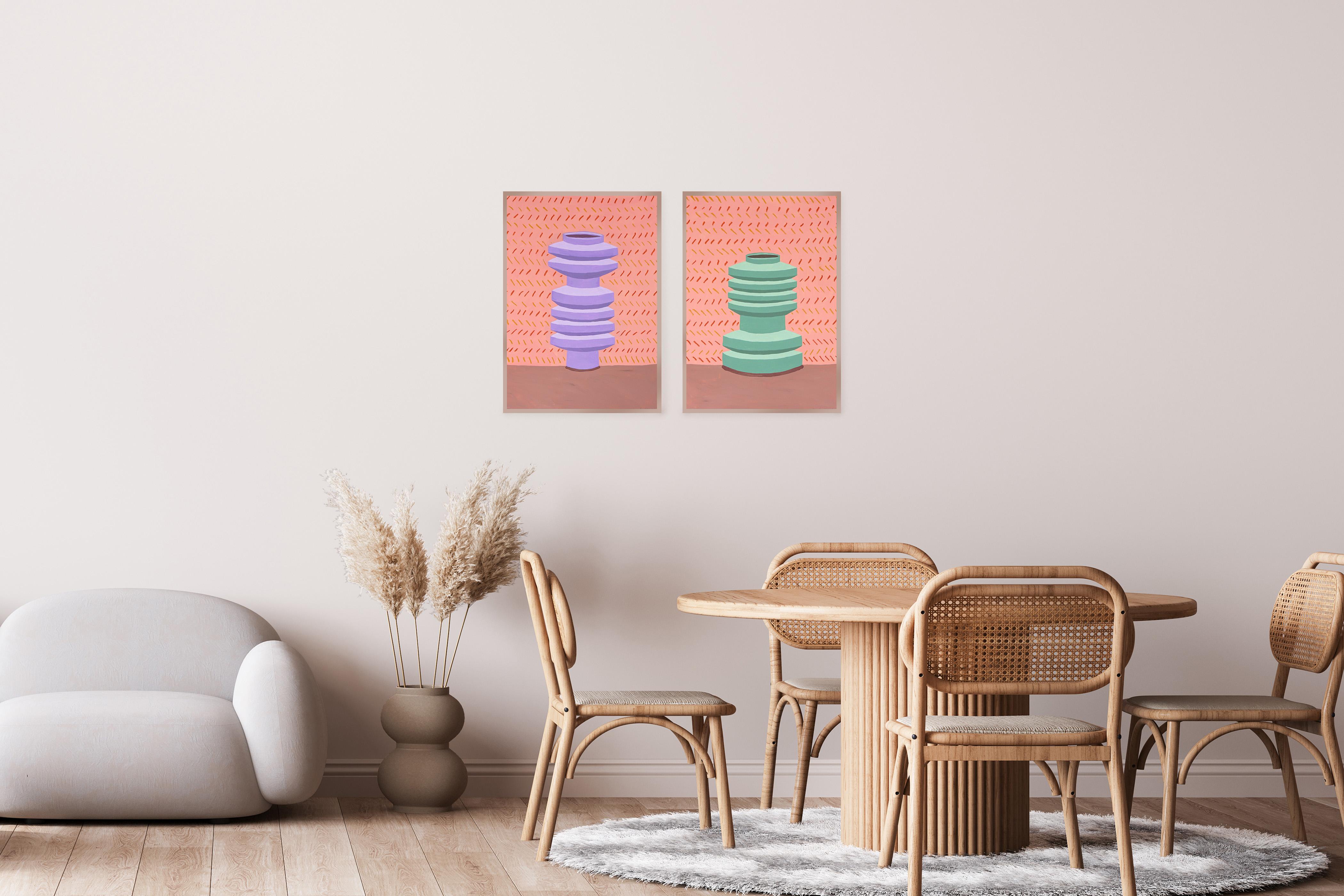 This modern still life diptych by Gio  Bellagio is inspired by ancient Greek ceramic vessels. The pots are adorned with minimalist patterns reminiscent of Greek geometry, emphasising the timeless quality of the forms while infusing a modern