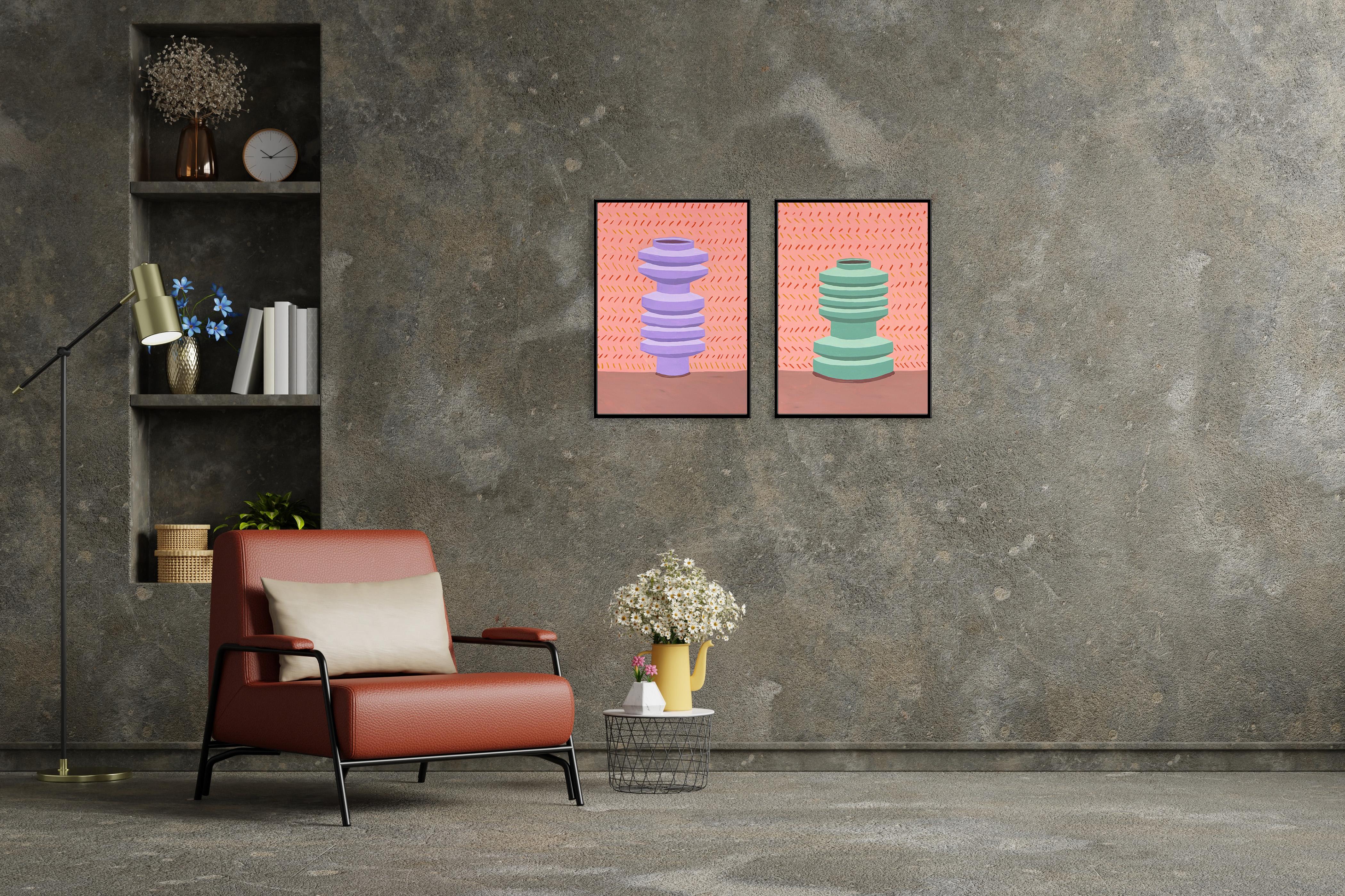 Modern Shaped Ceramic Duo, Contemporary Pottery on Pink Background, Paper,  2024 For Sale 1