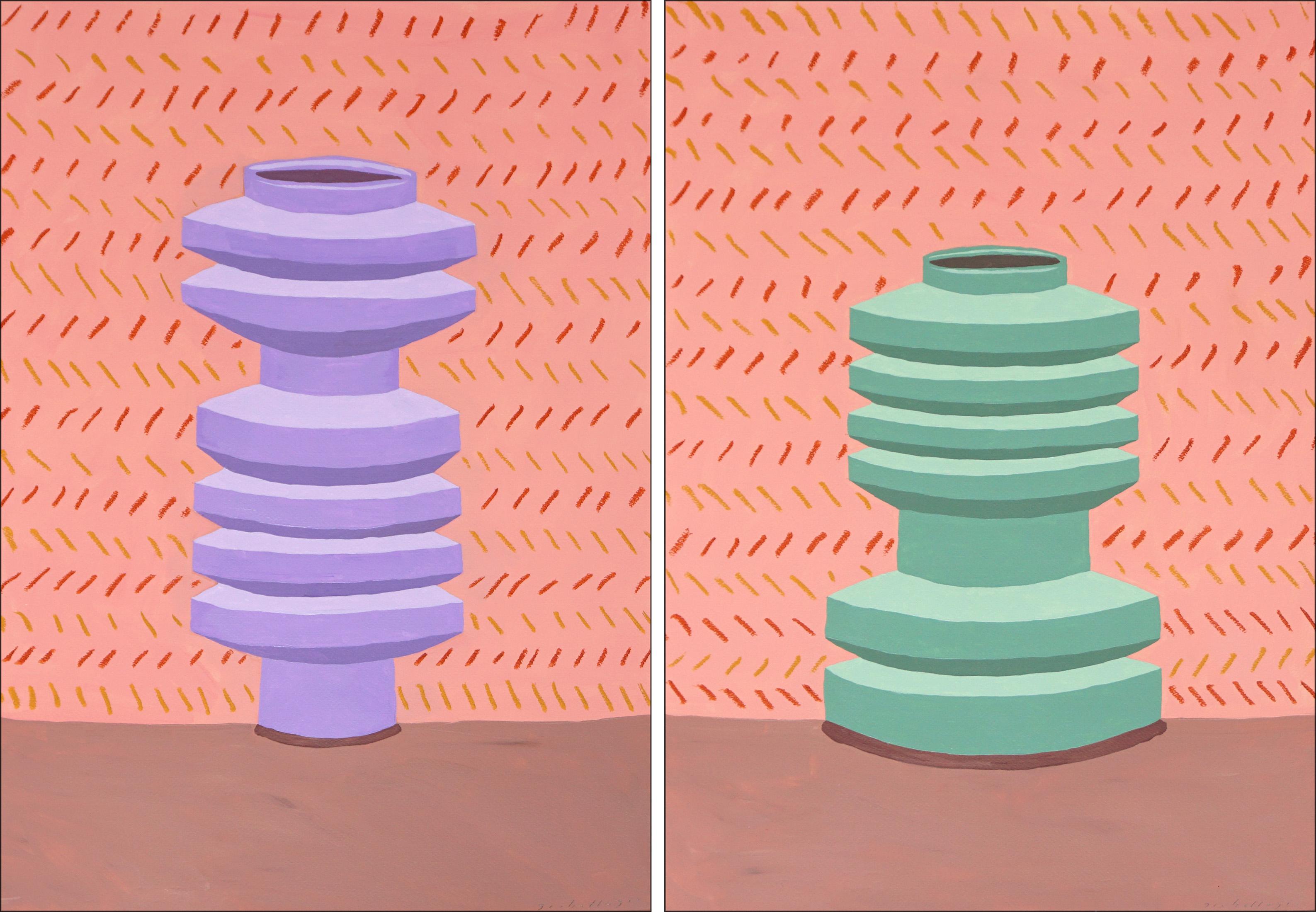 Modern Shaped Ceramic Duo, Contemporary Pottery on Pink Background, Paper,  2024