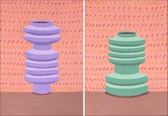 Modern Shaped Ceramic Duo, Contemporary Pottery on Pink Background, Paper,  2024