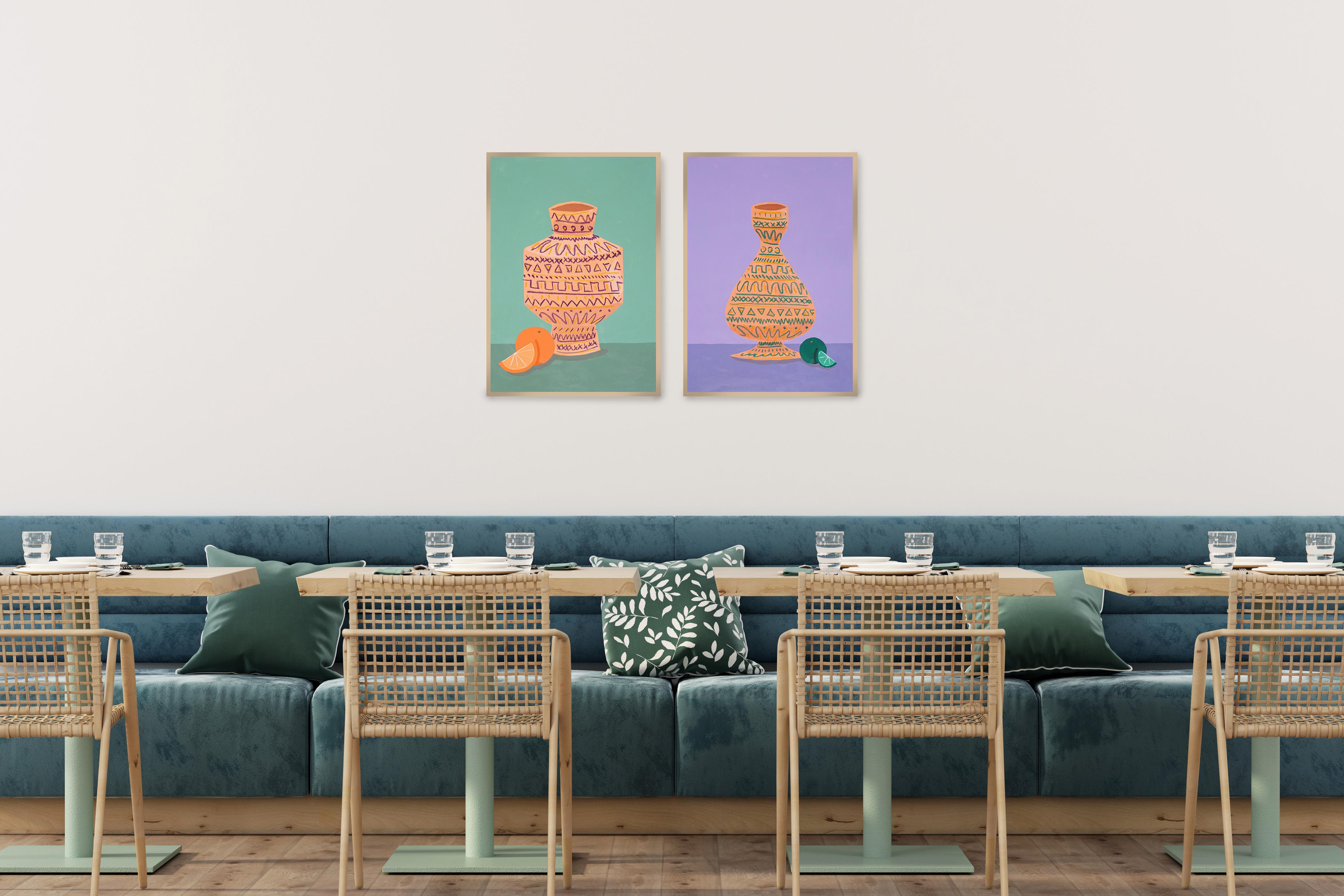 Modern Still Life Diptych of Ceramic Pots, Realist Kitchen Vessels Citrus Fruits - Painting by Gio Bellagio