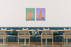 Modern Still Life Diptych of Ceramic Pots, Realist Kitchen Vessels Citrus Fruits