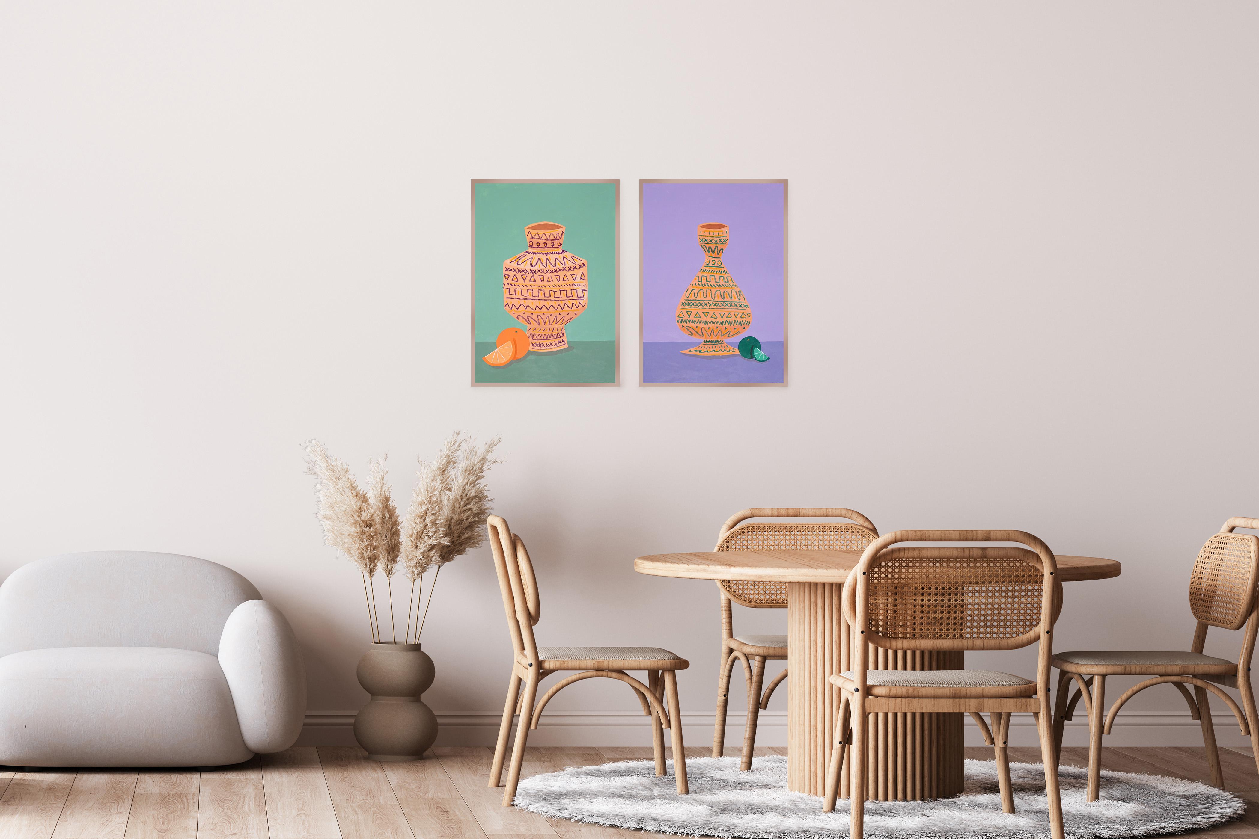 This modern still life diptych by Gio  Bellagio is inspired by ancient Greek ceramic vessels. The pots are adorned with minimalist patterns reminiscent of Greek geometry, emphasising the timeless quality of the forms while infusing a modern