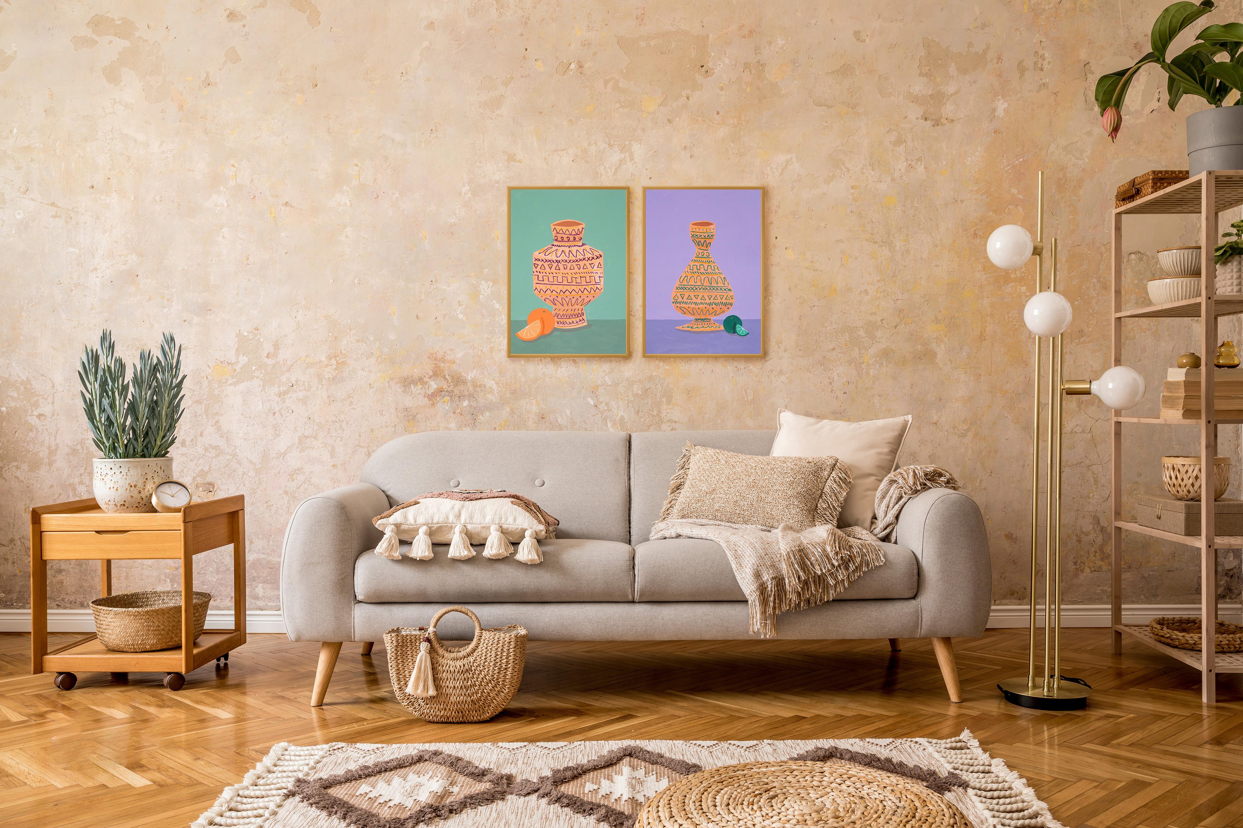 Modern Still Life Diptych of Ceramic Pots, Realist Kitchen Vessels Citrus Fruits For Sale 1