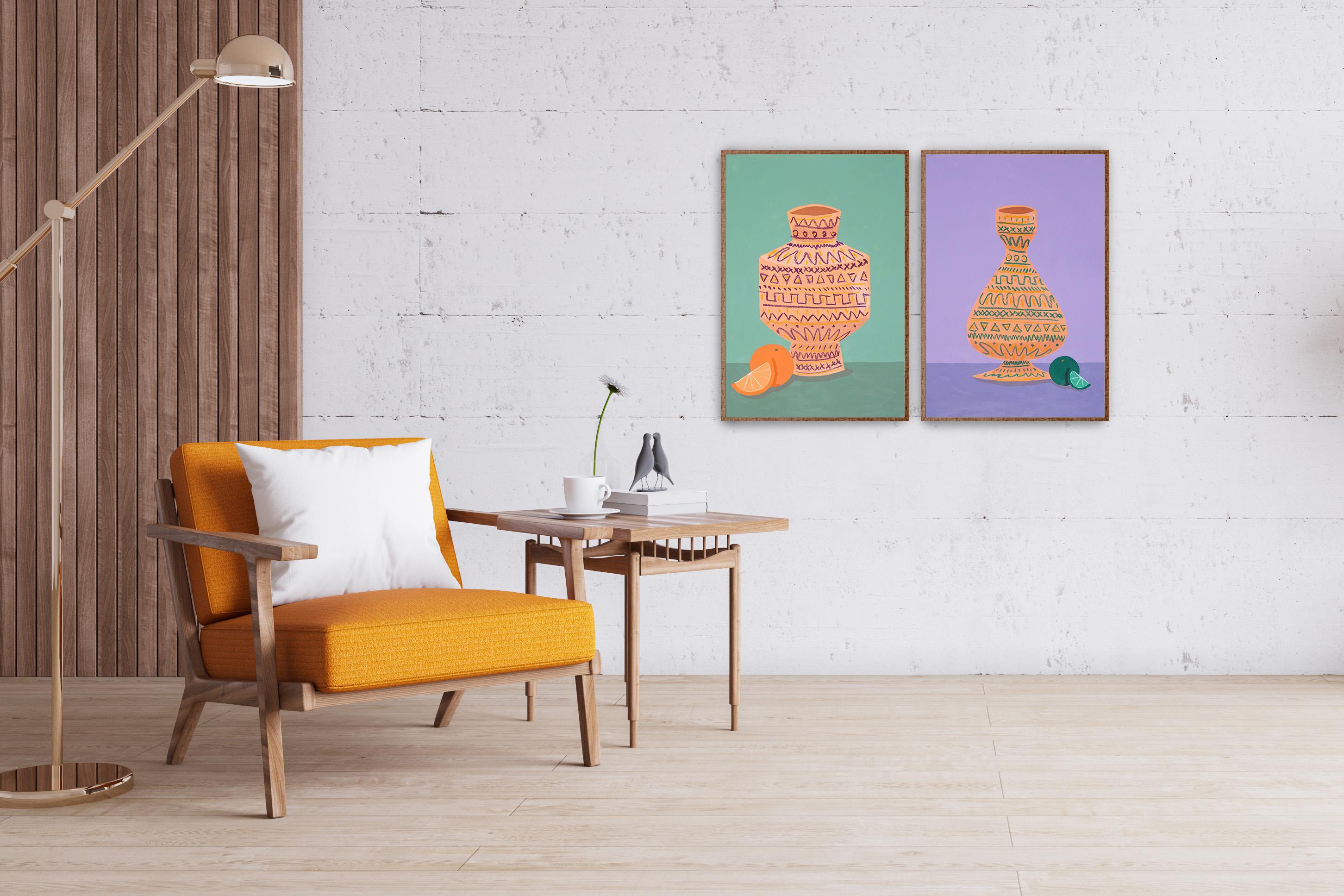 Modern Still Life Diptych of Ceramic Pots, Realist Kitchen Vessels Citrus Fruits For Sale 3