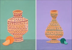 Modern Still Life Diptych of Ceramic Pots, Realist Kitchen Vessels Citrus Fruits