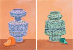 Modern Still Life Diptych of Ceramic Textured Pots, Realist Kitchen Vessels