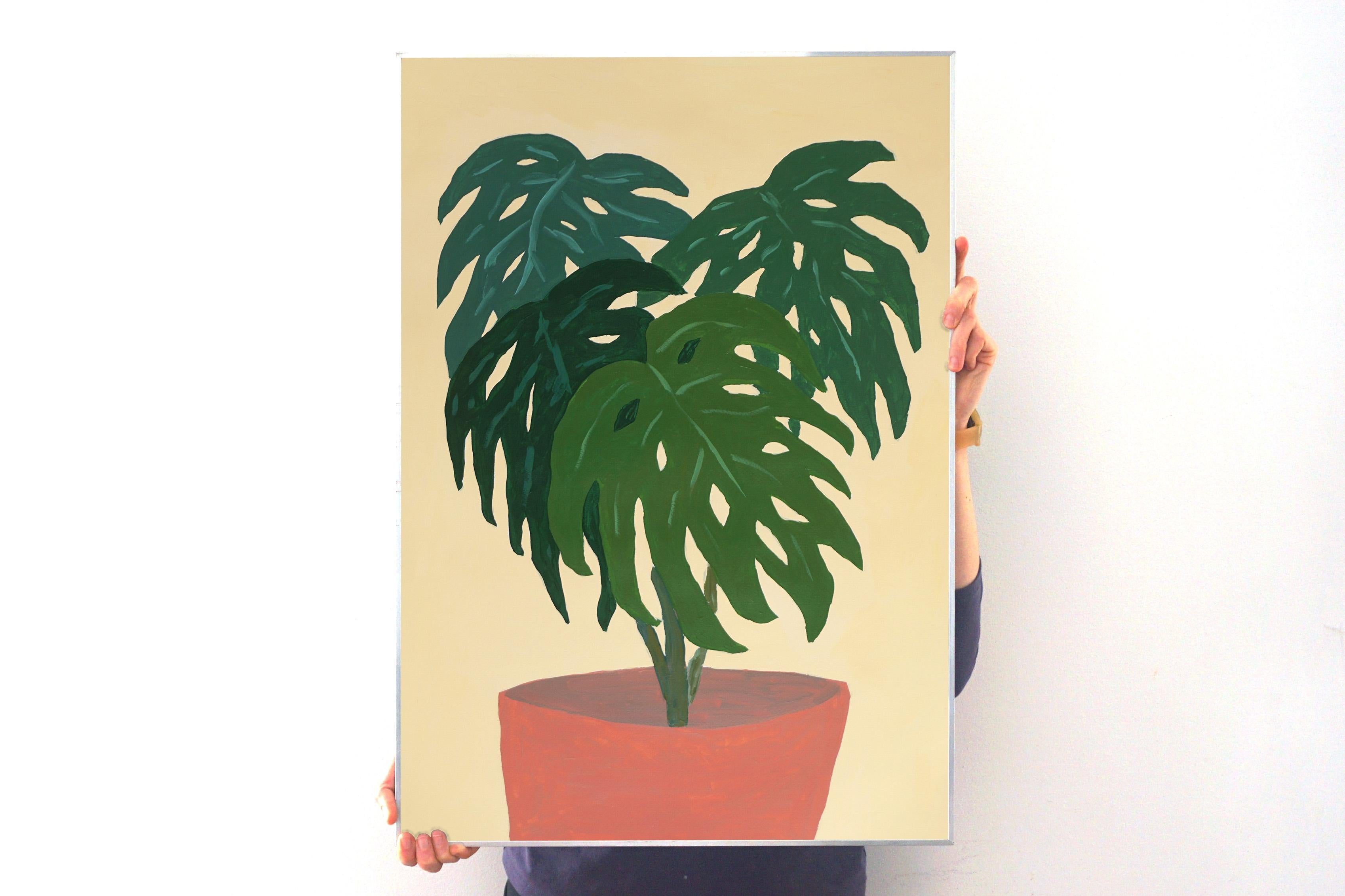 Monstera Plant, Green Interior Planth Pot, Modern Still Life Yellow Background - Painting by Gio Bellagio